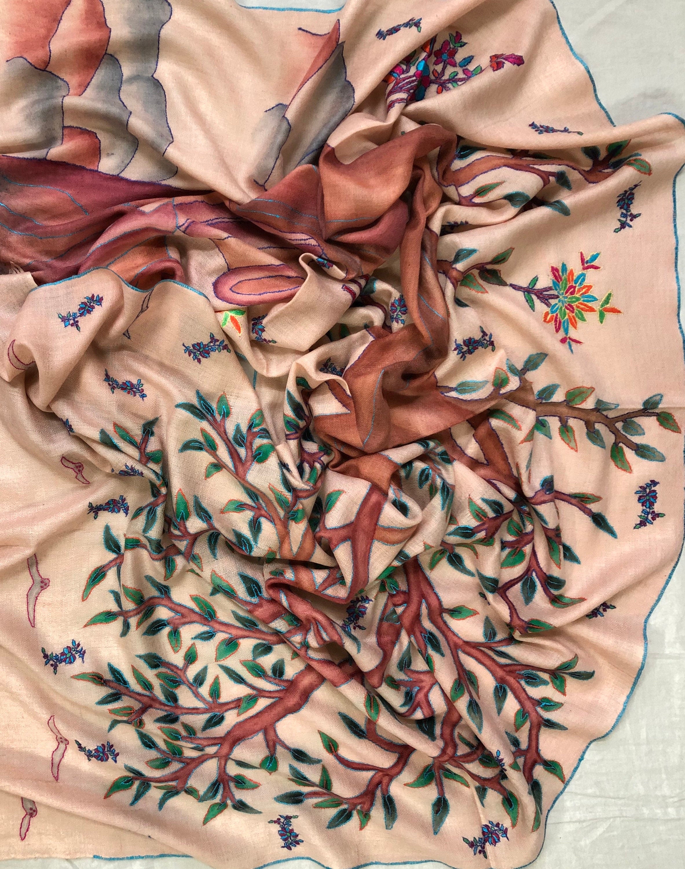 teacher gift Hand Painted And Handwoven Ladakhi Cashmere Pashmina Embroidered Stole - Mehraj Crafts 