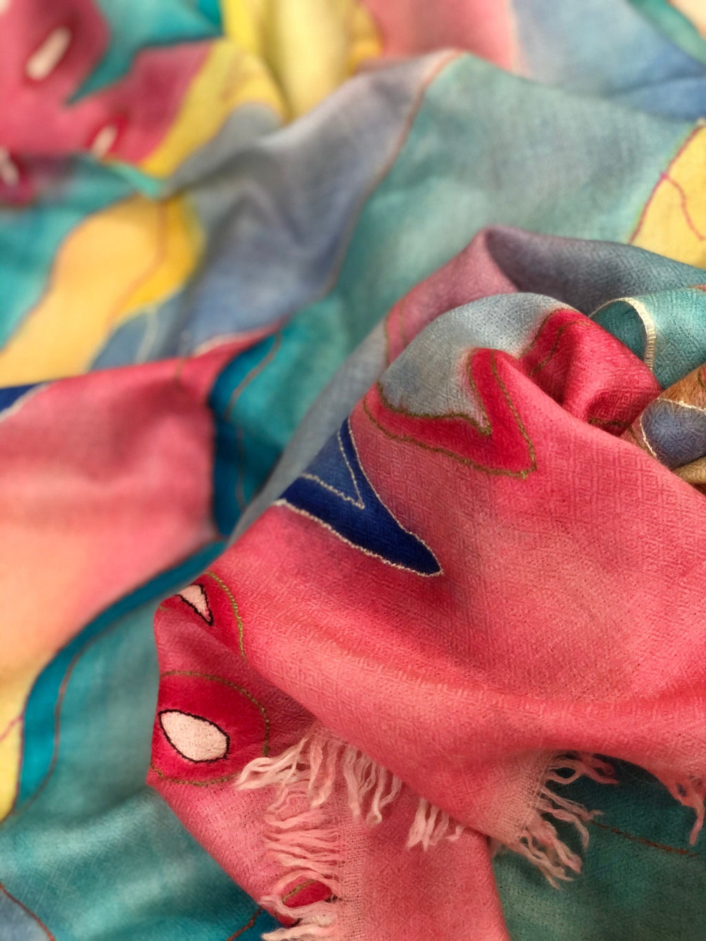 teacher gift Handmade and Handpainted Ladakhi Cashmere Pashmina Outlined Embroidered Scarf - Mehraj Crafts 