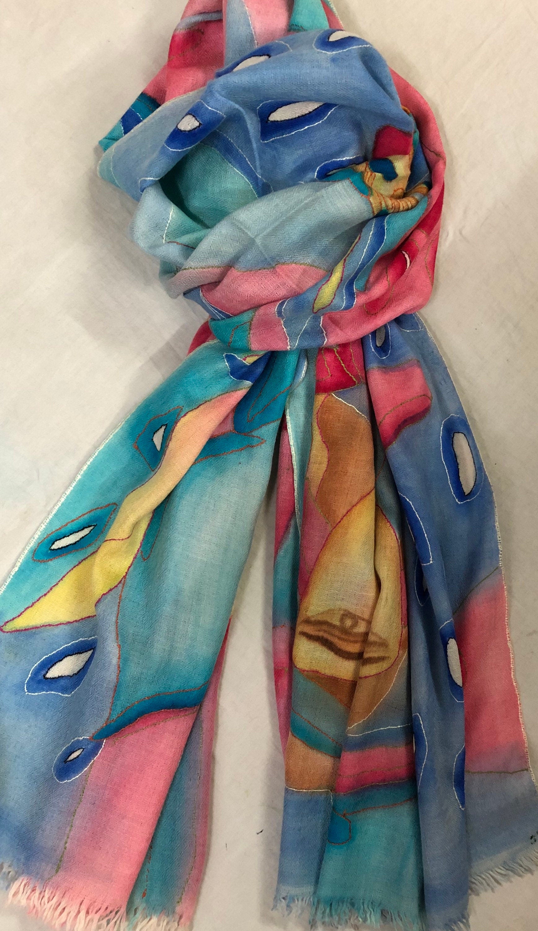 teacher gift Handmade and Handpainted Ladakhi Cashmere Pashmina Outlined Embroidered Scarf - Mehraj Crafts 