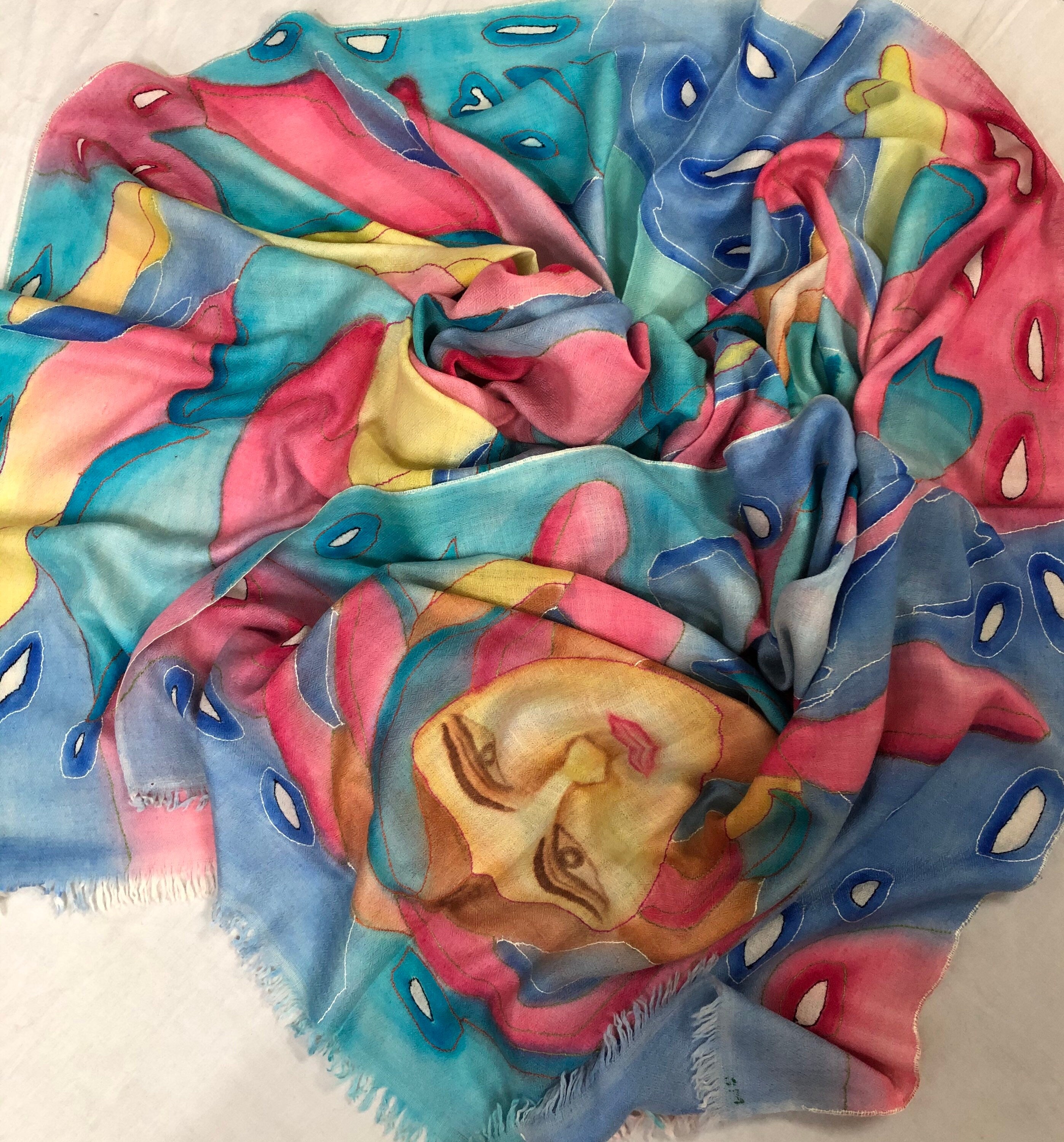 teacher gift Handmade and Handpainted Ladakhi Cashmere Pashmina Outlined Embroidered Scarf - Mehraj Crafts 