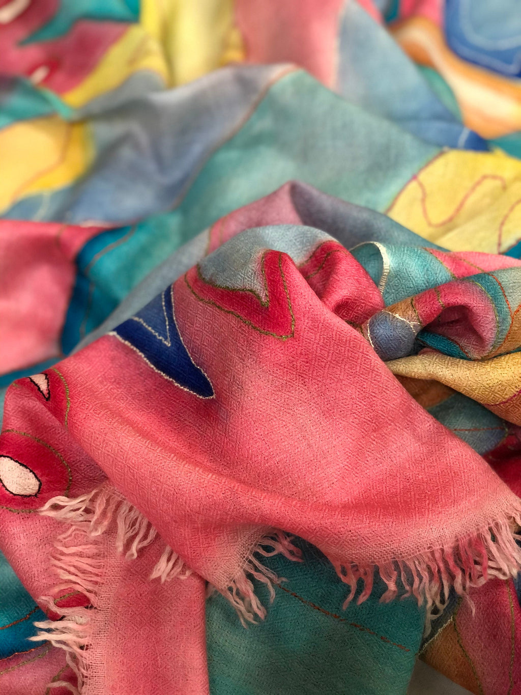 teacher gift Handmade and Handpainted Ladakhi Cashmere Pashmina Outlined Embroidered Scarf - Mehraj Crafts 