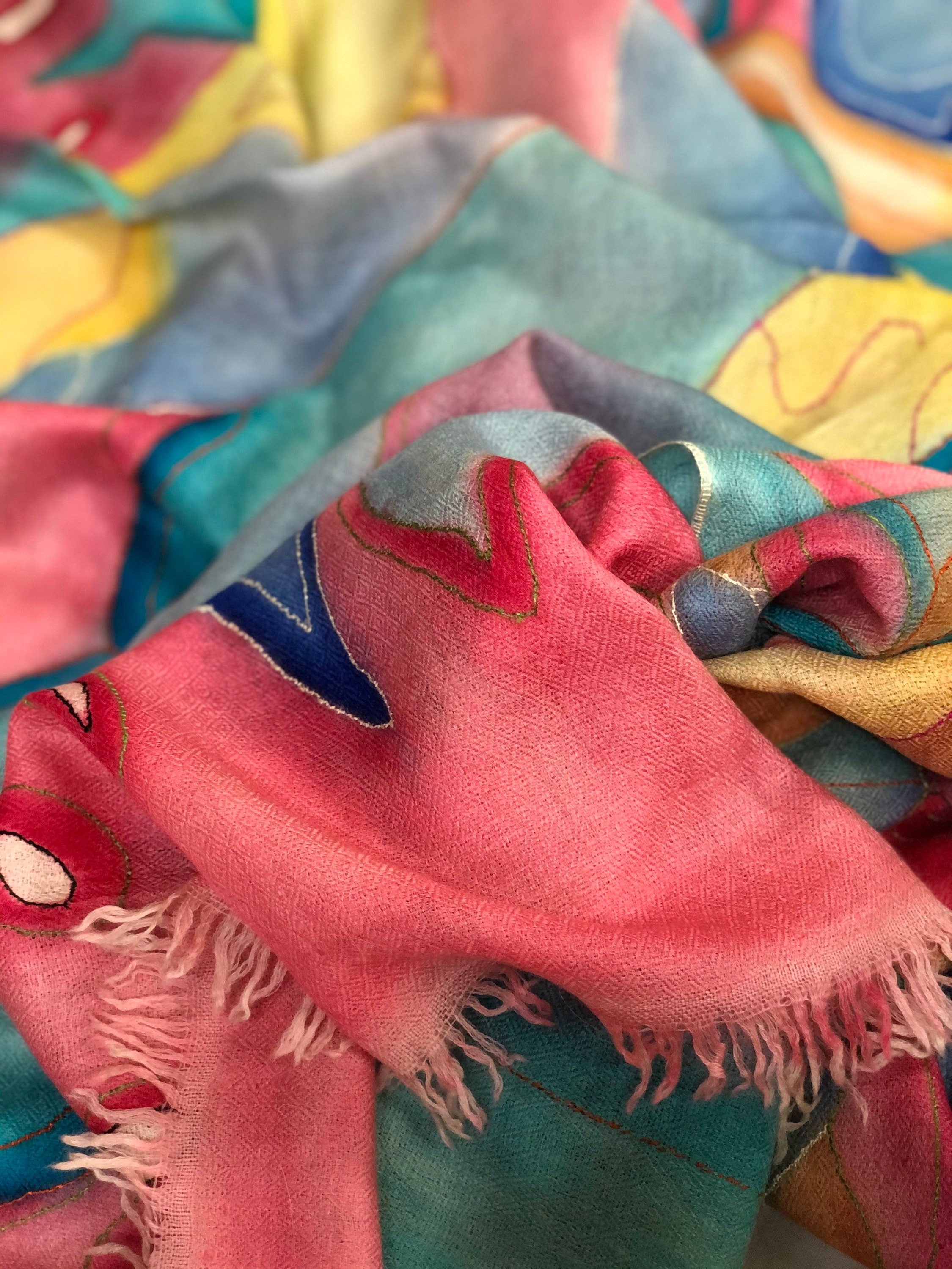 teacher gift Handmade and Handpainted Ladakhi Cashmere Pashmina Outlined Embroidered Scarf - Mehraj Crafts 