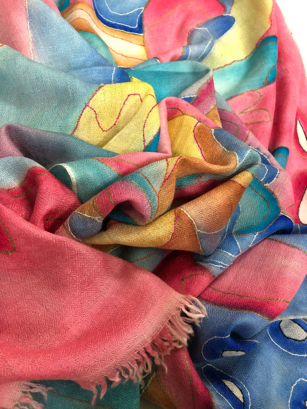 teacher gift Handmade and Handpainted Ladakhi Cashmere Pashmina Outlined Embroidered Scarf - Mehraj Crafts 