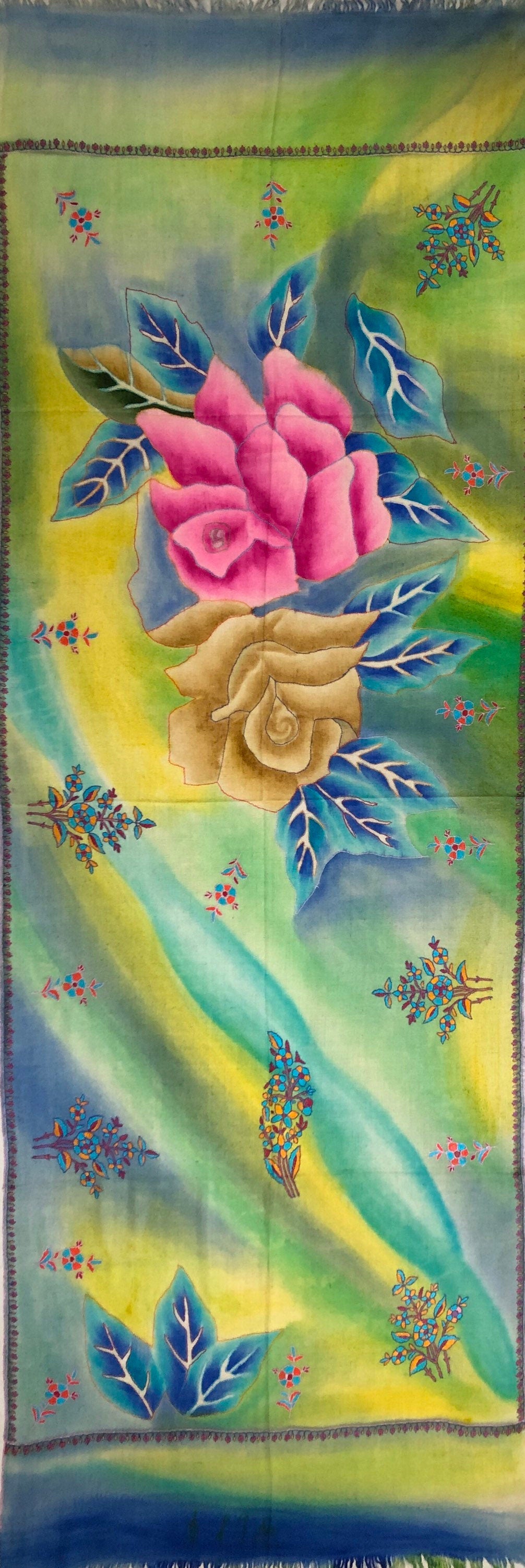 Floral Handmade & Hand Painted Ladakhi Cashmere Pashmina Rose Embroidered Stole Scarf Shawl - Mehraj Crafts 