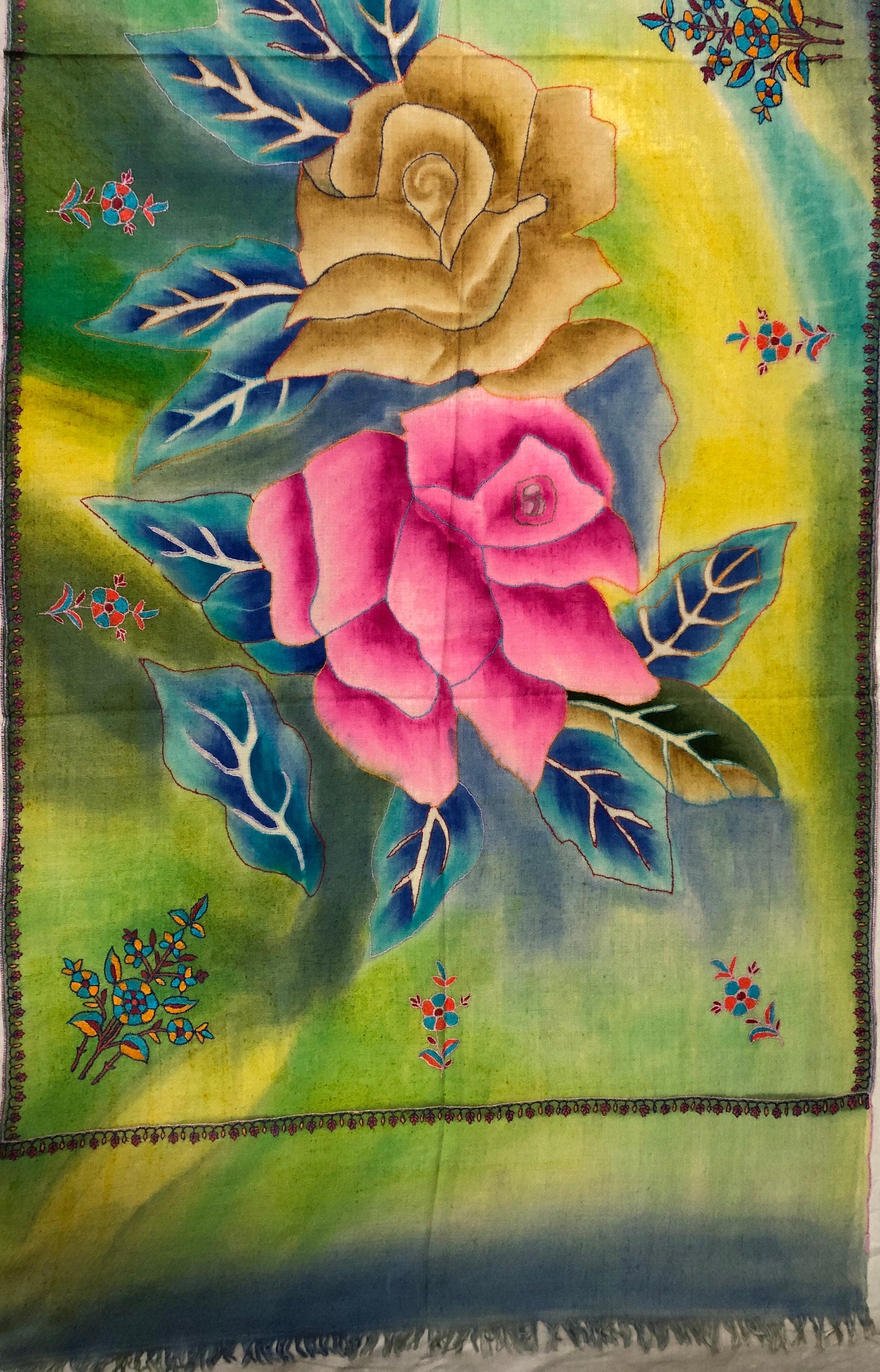Floral Handmade & Hand Painted Ladakhi Cashmere Pashmina Rose Embroidered Stole Scarf Shawl - Mehraj Crafts 