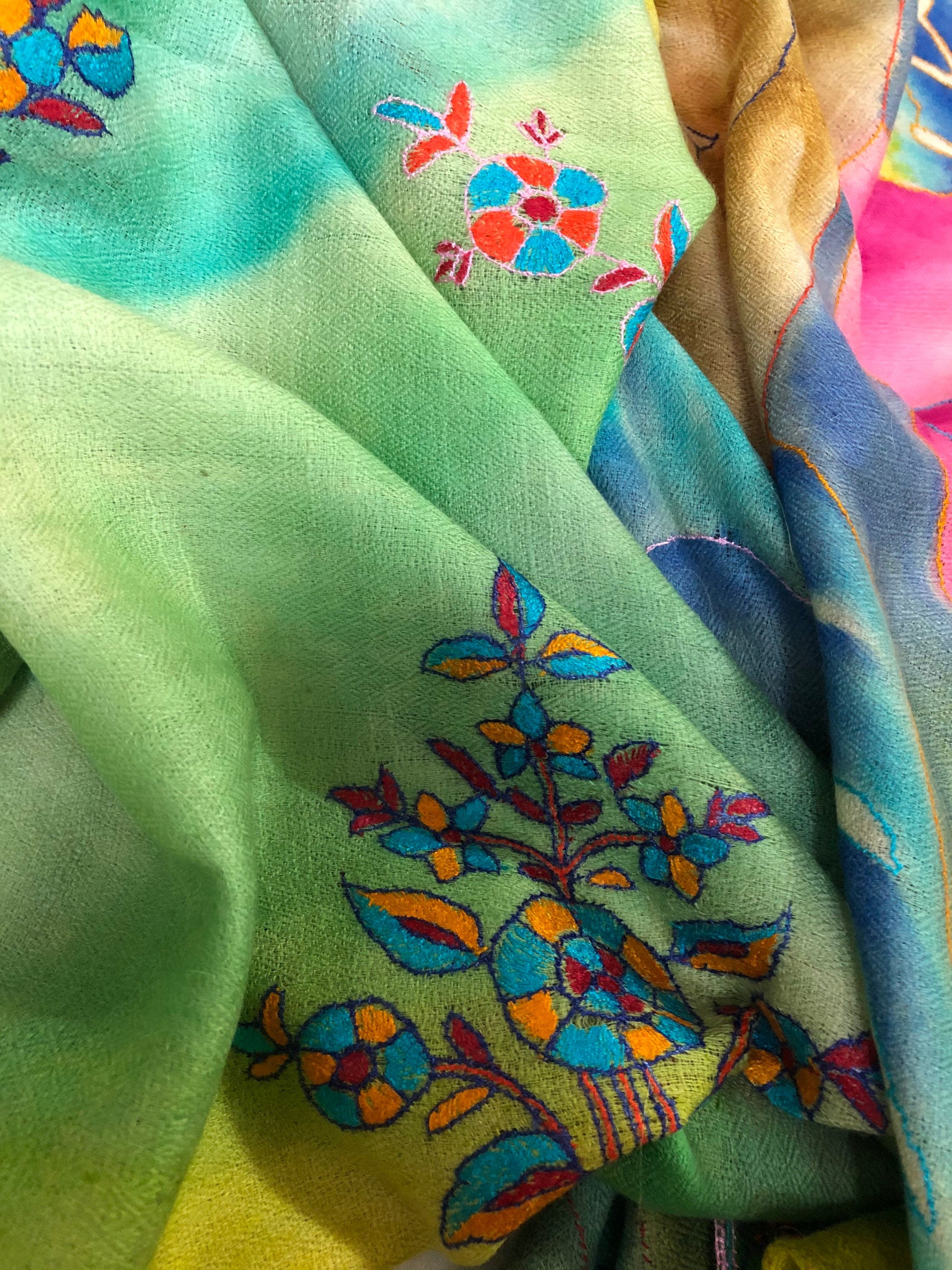 Floral Handmade & Hand Painted Ladakhi Cashmere Pashmina Rose Embroidered Stole Scarf Shawl - Mehraj Crafts 