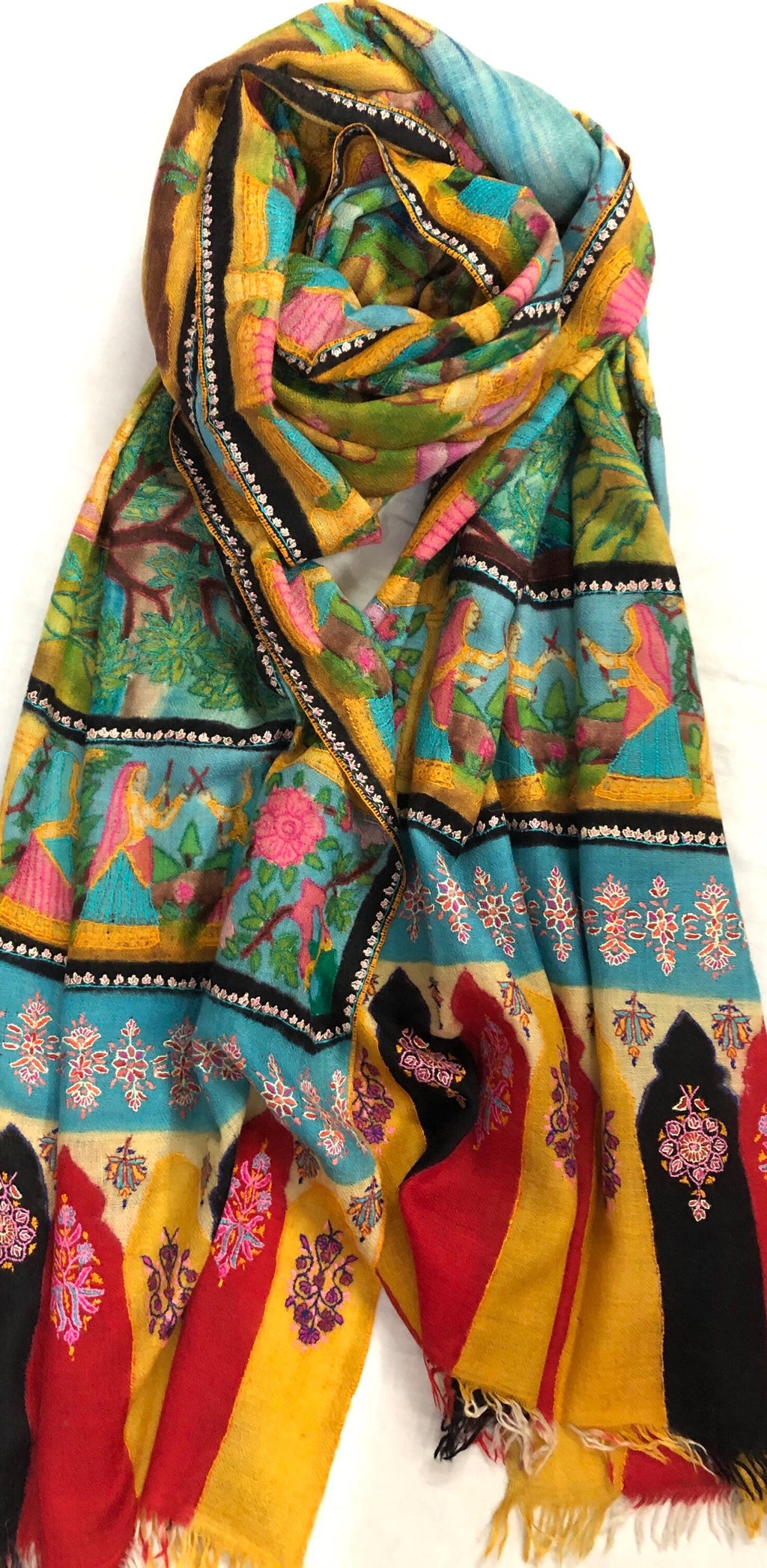 Handmade Hand Painted Ladakhi Cashmere Pashmina Izhaar Embroidered Stole Scarf Shawl - Mehraj Crafts 