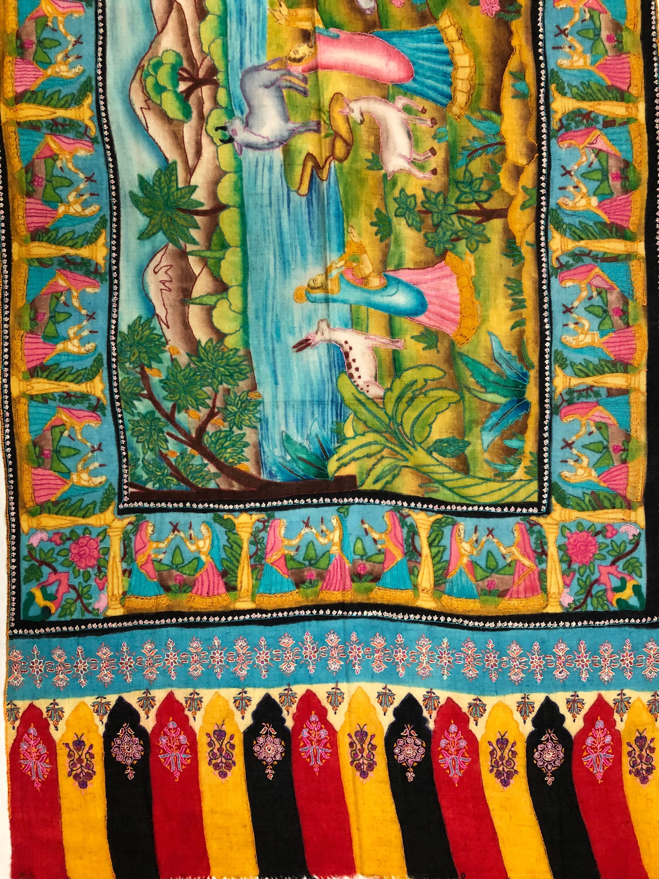 Handmade Hand Painted Ladakhi Cashmere Pashmina Izhaar Embroidered Stole Scarf Shawl - Mehraj Crafts 