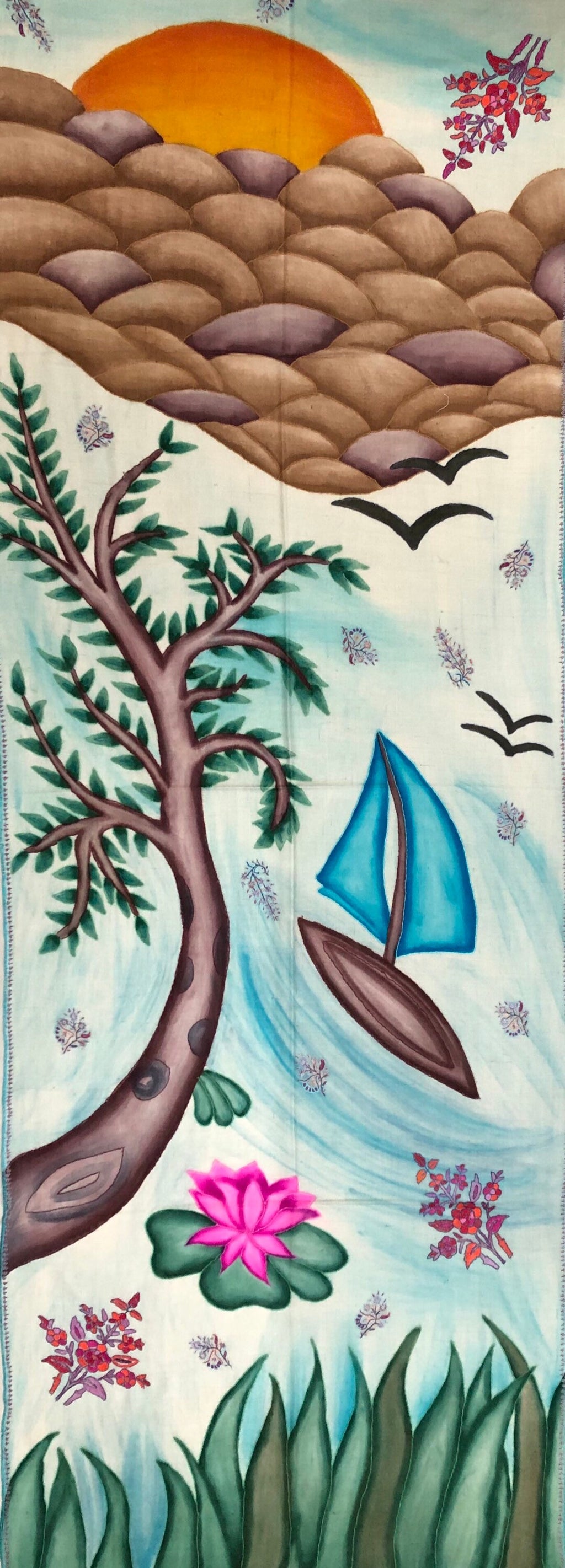 Handmade Hand Painted Ladakhi Cashmere Pashmina Nature Embroidered Stole Scarf Shawl - Mehraj Crafts 