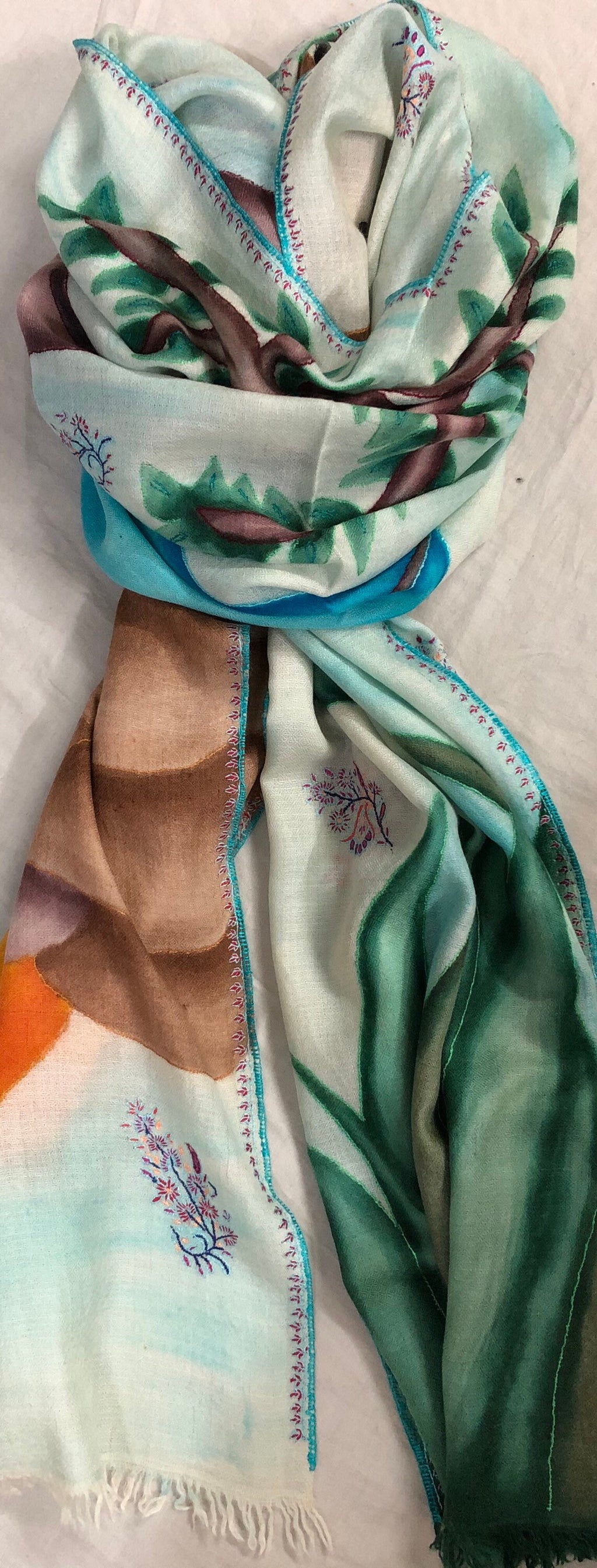 Handmade Hand Painted Ladakhi Cashmere Pashmina Nature Embroidered Stole Scarf Shawl - Mehraj Crafts 