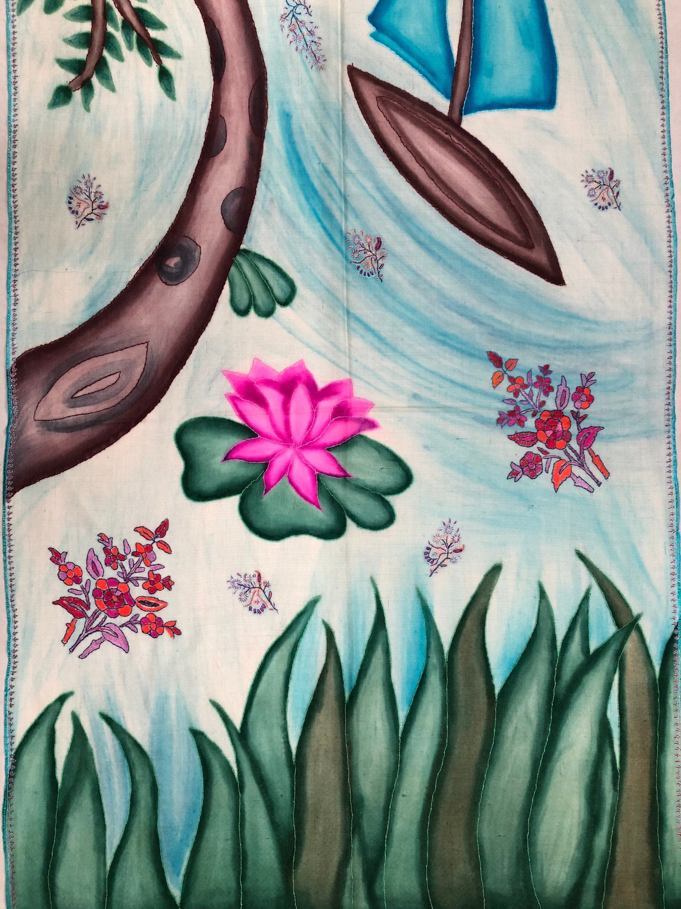 Handmade Hand Painted Ladakhi Cashmere Pashmina Nature Embroidered Stole Scarf Shawl - Mehraj Crafts 