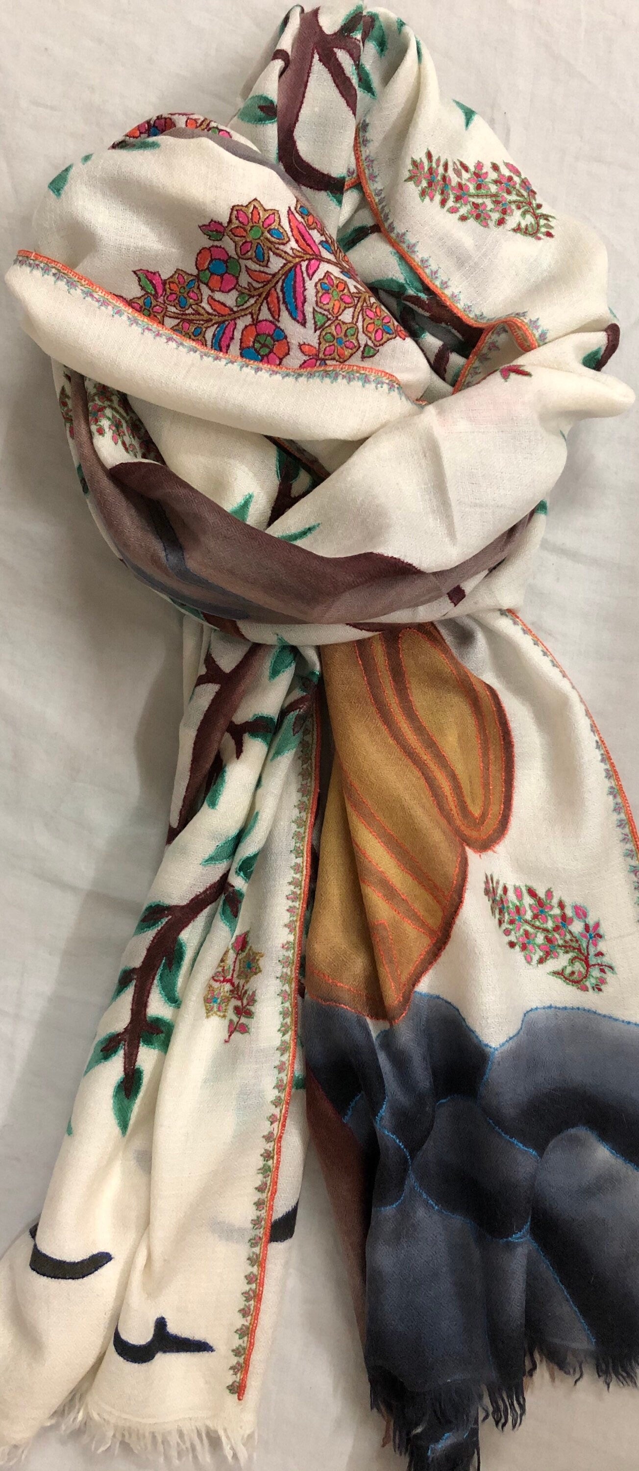 Floral Handmade Hand Painted Ladakhi Cashmere Pashmina Tree of Life Embroidered Stole Scarf Shawl - Mehraj Crafts 