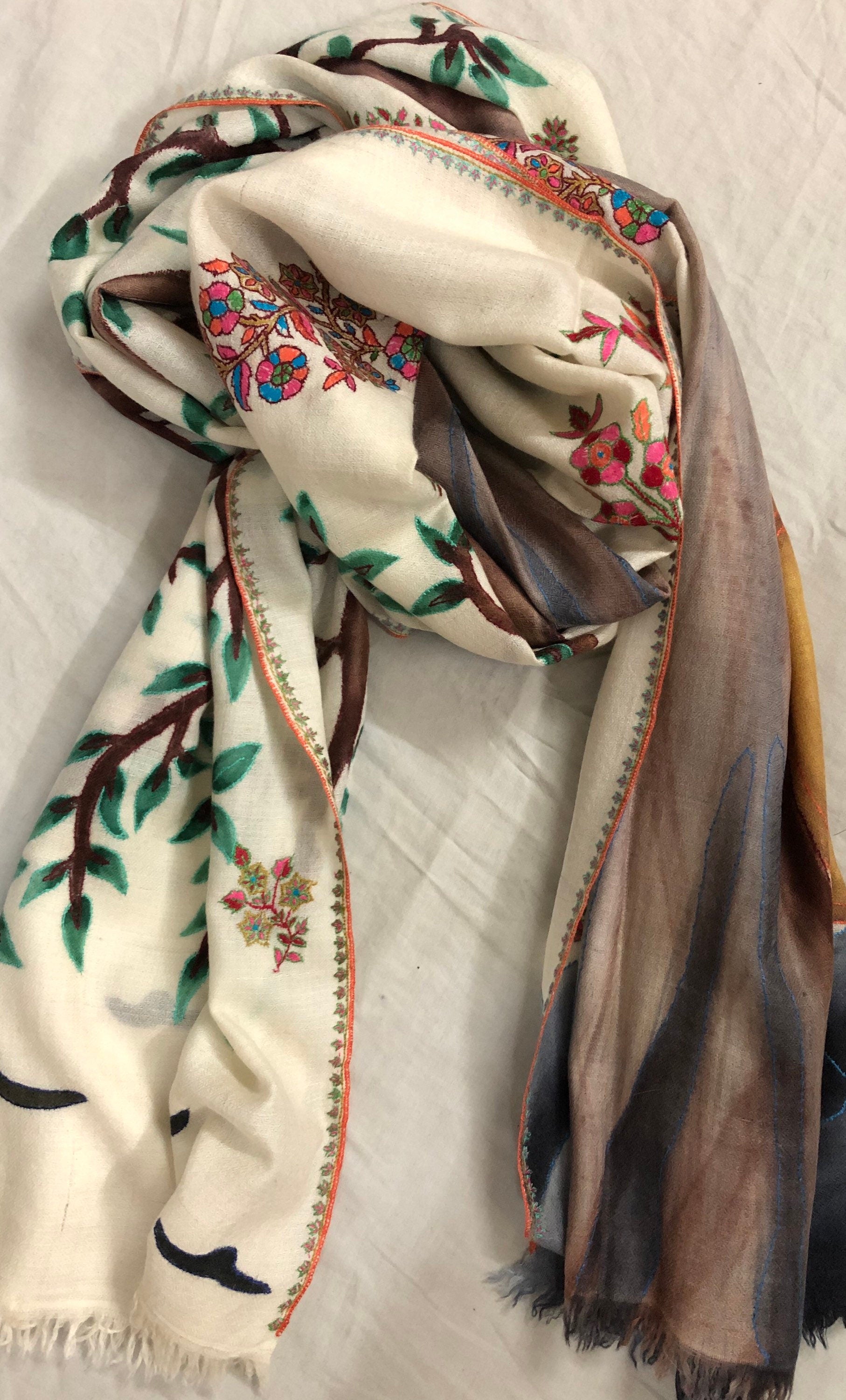 Floral Handmade Hand Painted Ladakhi Cashmere Pashmina Tree of Life Embroidered Stole Scarf Shawl - Mehraj Crafts 