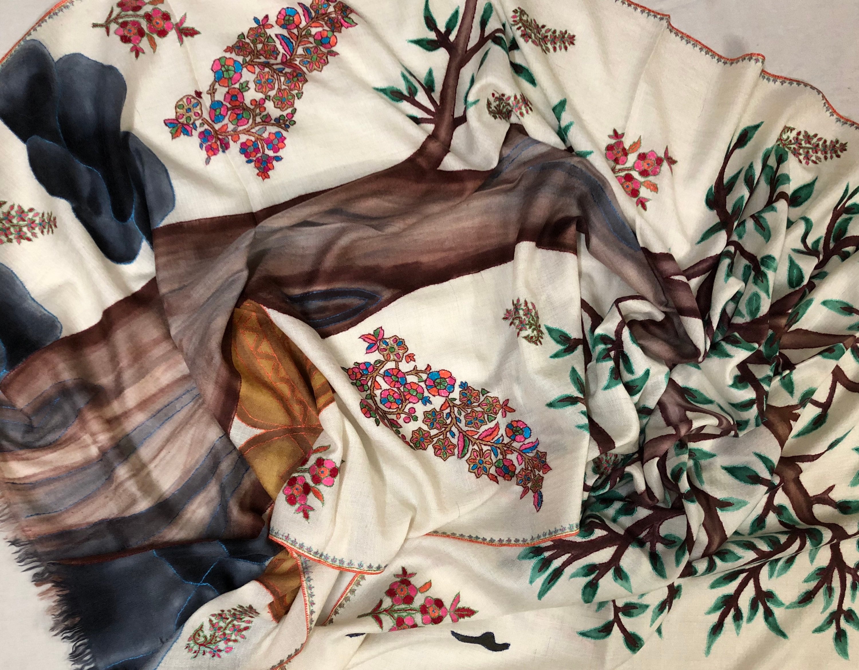 Floral Handmade Hand Painted Ladakhi Cashmere Pashmina Tree of Life Embroidered Stole Scarf Shawl - Mehraj Crafts 