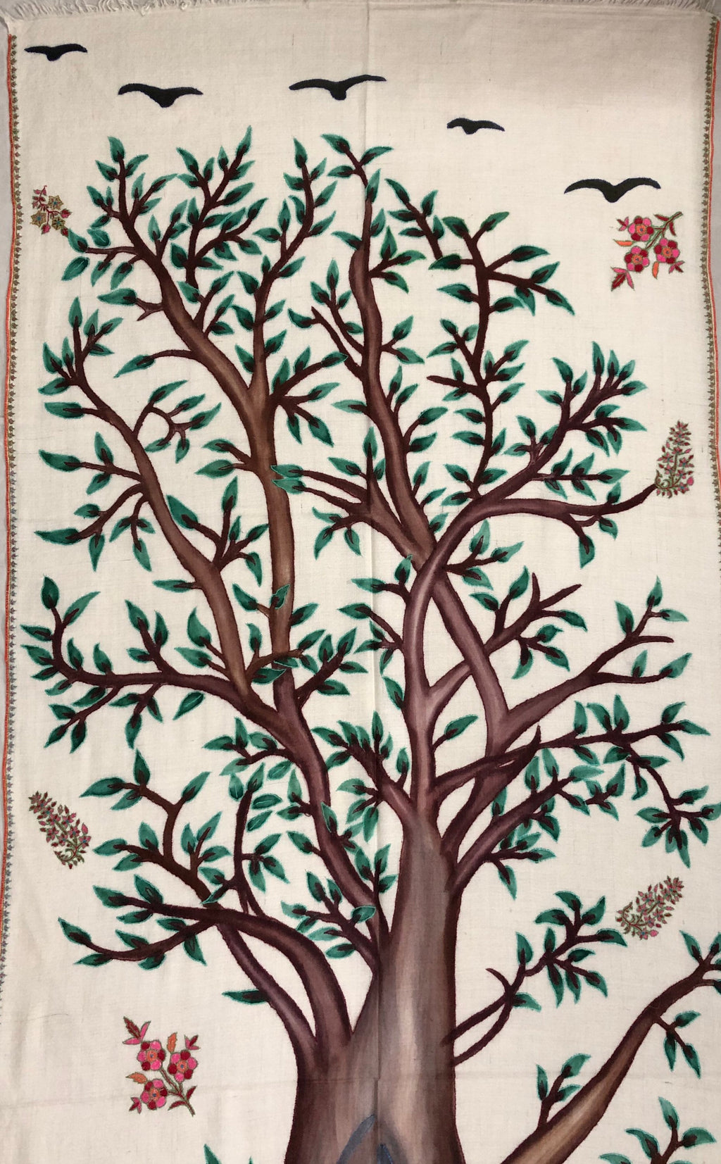Floral Handmade Hand Painted Ladakhi Cashmere Pashmina Tree of Life Embroidered Stole Scarf Shawl - Mehraj Crafts 