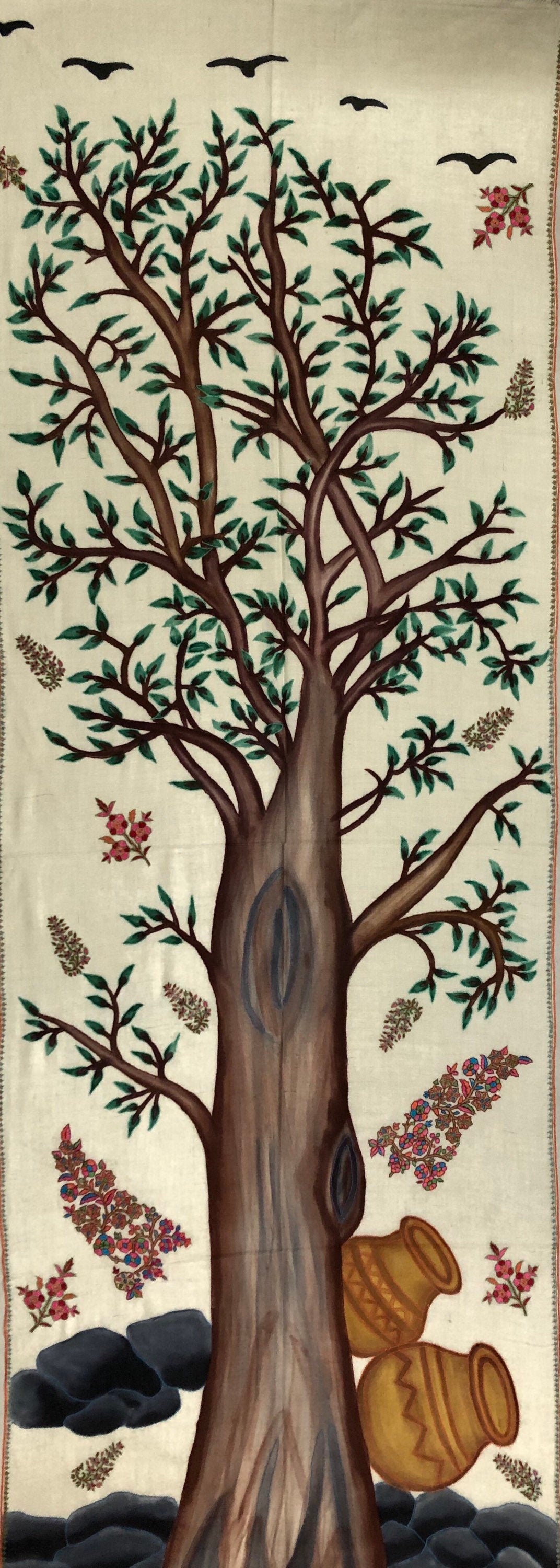 Floral Handmade Hand Painted Ladakhi Cashmere Pashmina Tree of Life Embroidered Stole Scarf Shawl - Mehraj Crafts 