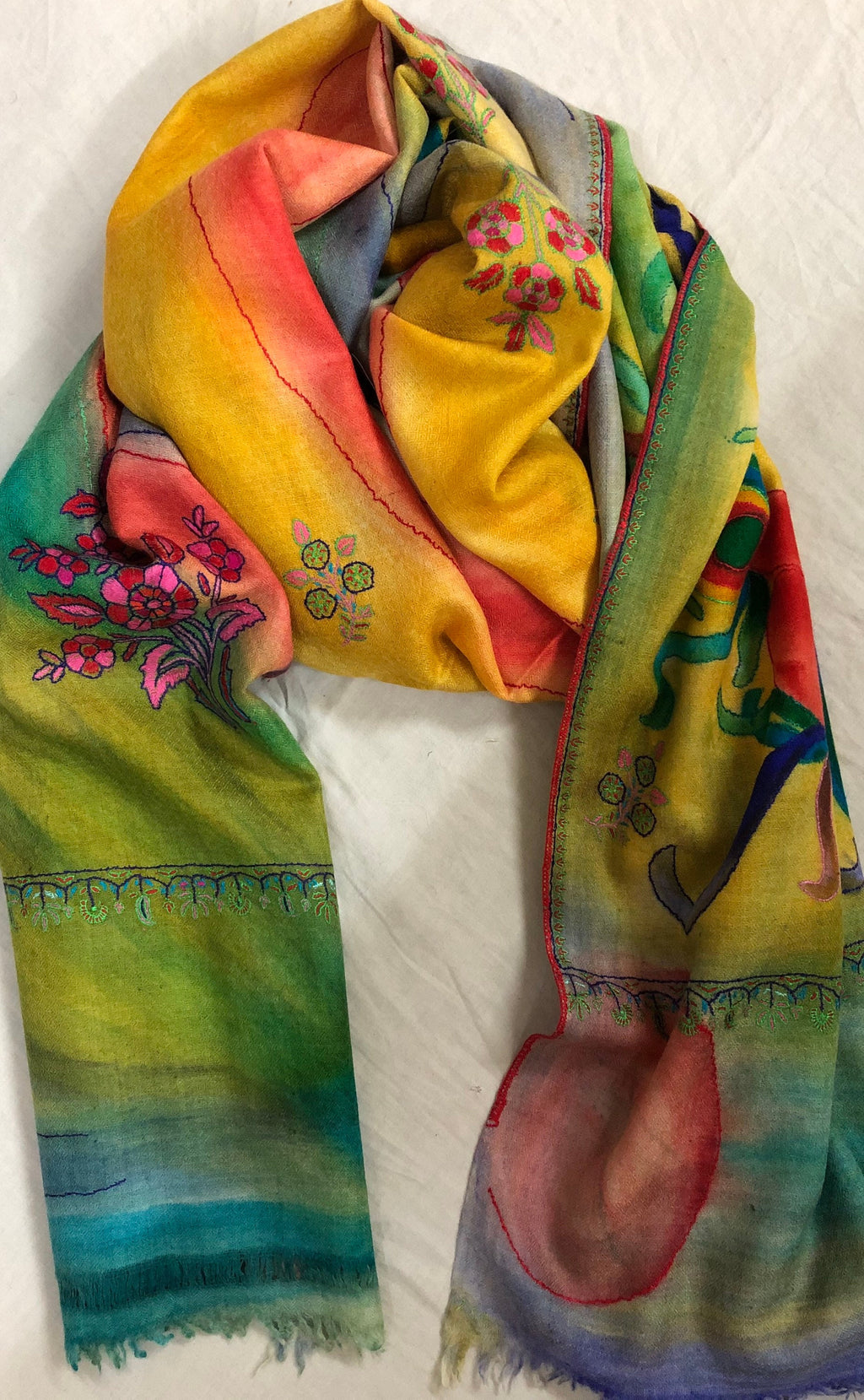 Floral Handmade HandPainted Ladakhi Cashmere Pashmina Outline Stole/Scarf/Shawl/70X200cm
