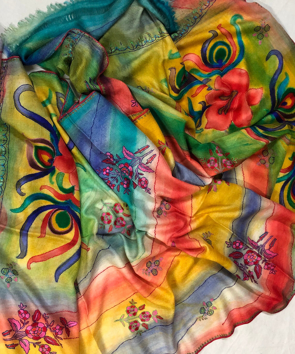 Floral Handmade HandPainted Ladakhi Cashmere Pashmina Outline Stole Scarf Shawl - Mehraj Crafts 
