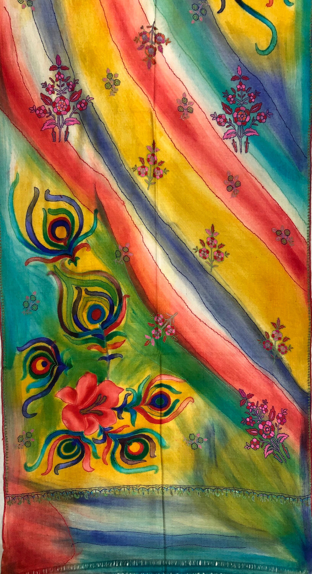 Floral Handmade HandPainted Ladakhi Cashmere Pashmina Outline Stole Scarf Shawl - Mehraj Crafts 