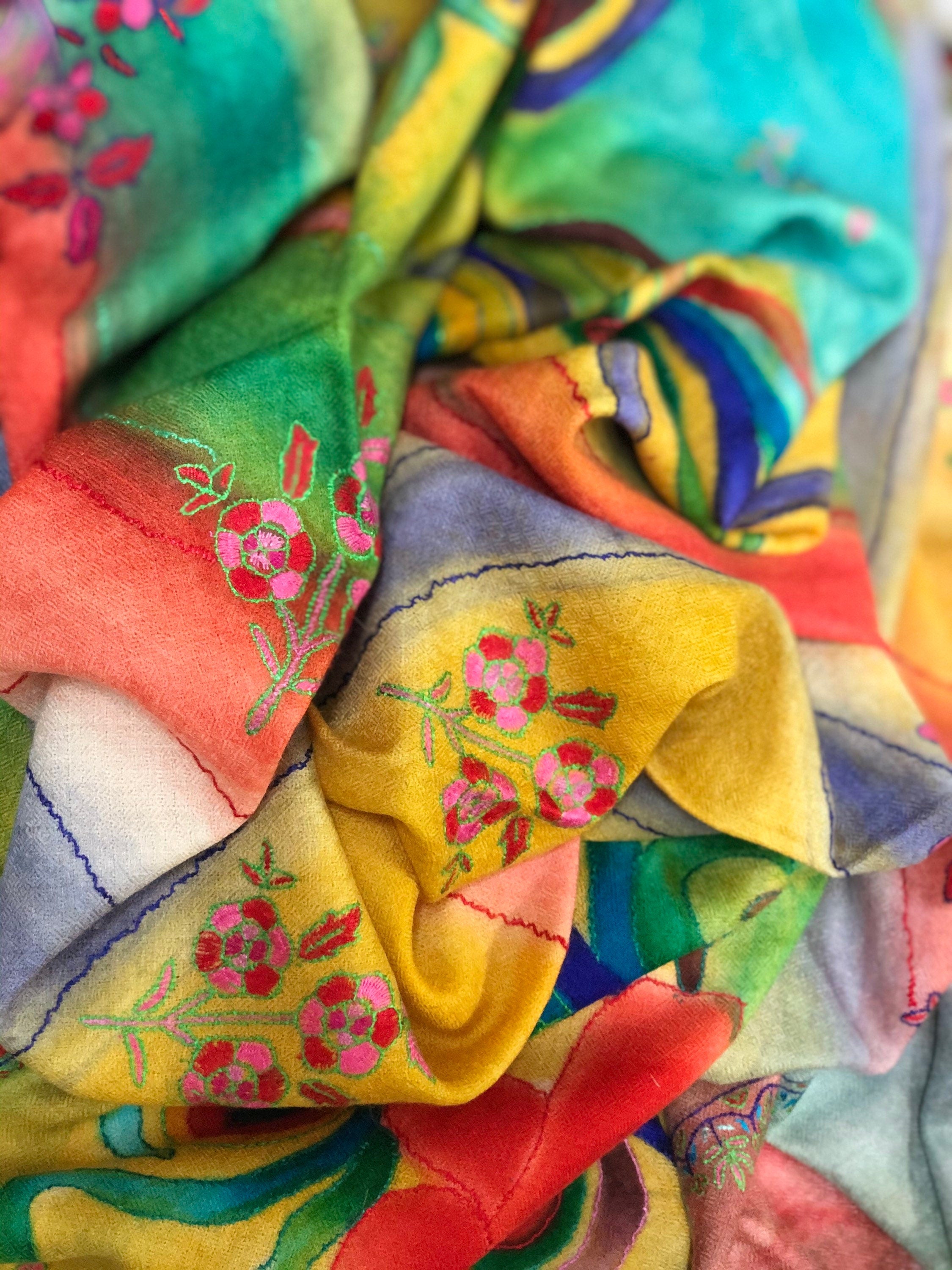 Floral Handmade HandPainted Ladakhi Cashmere Pashmina Outline Stole Scarf Shawl - Mehraj Crafts 