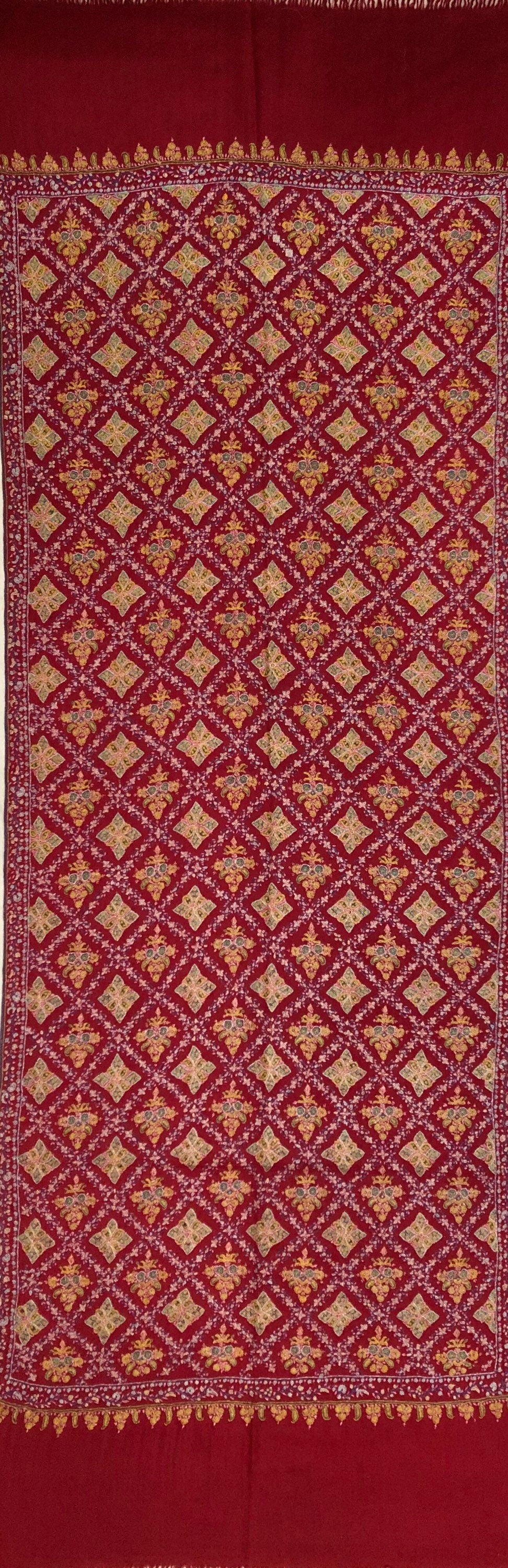 Hand Woven Ruby Hand Embroidered Sozni Jamawar Stole Shawl - Mehraj Crafts 