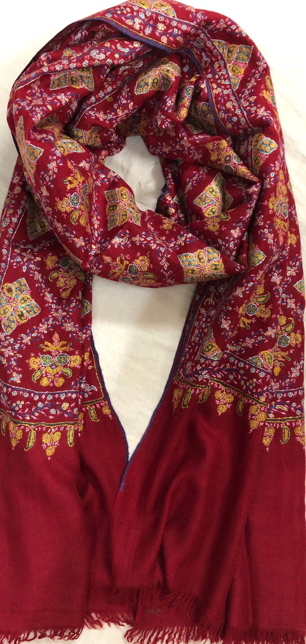 Hand Woven Ruby Hand Embroidered Sozni Jamawar Stole Shawl - Mehraj Crafts 