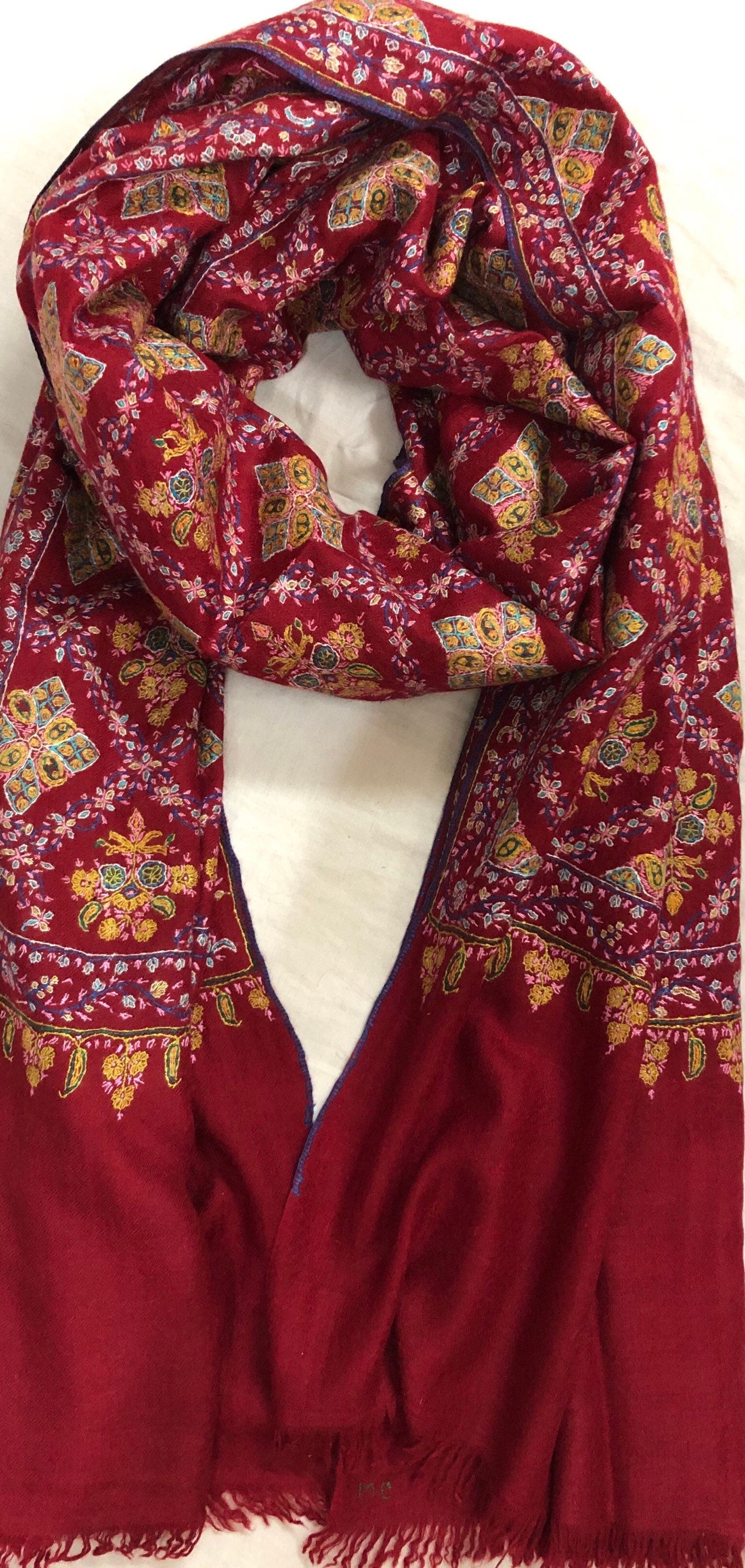 Hand Woven Ruby Hand Embroidered Sozni Jamawar Stole Shawl - Mehraj Crafts 