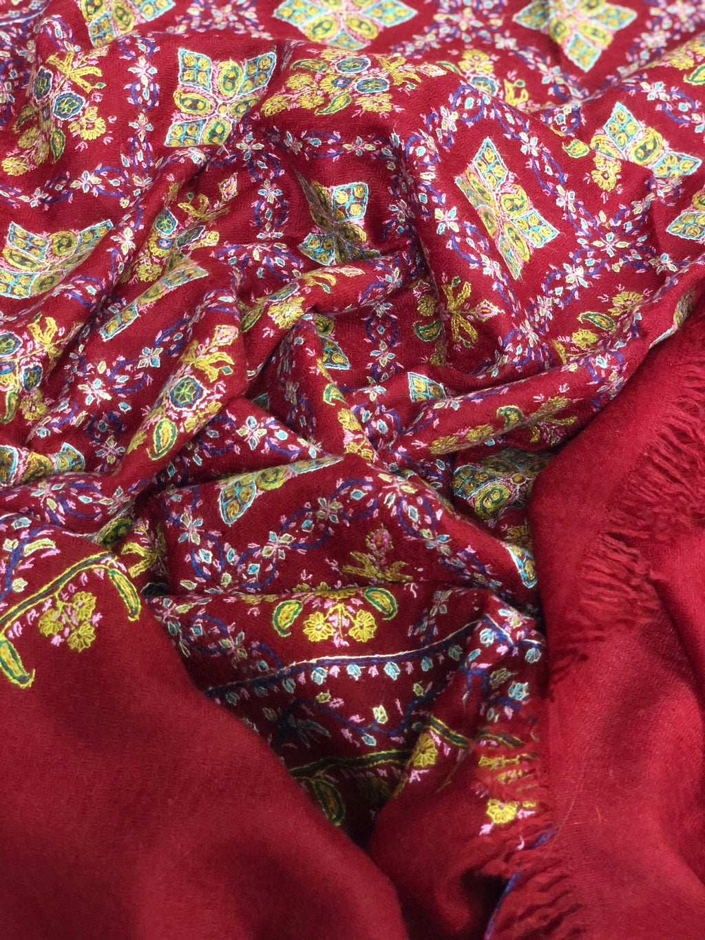 Hand Woven Ruby Hand Embroidered Sozni Jamawar Stole Shawl - Mehraj Crafts 