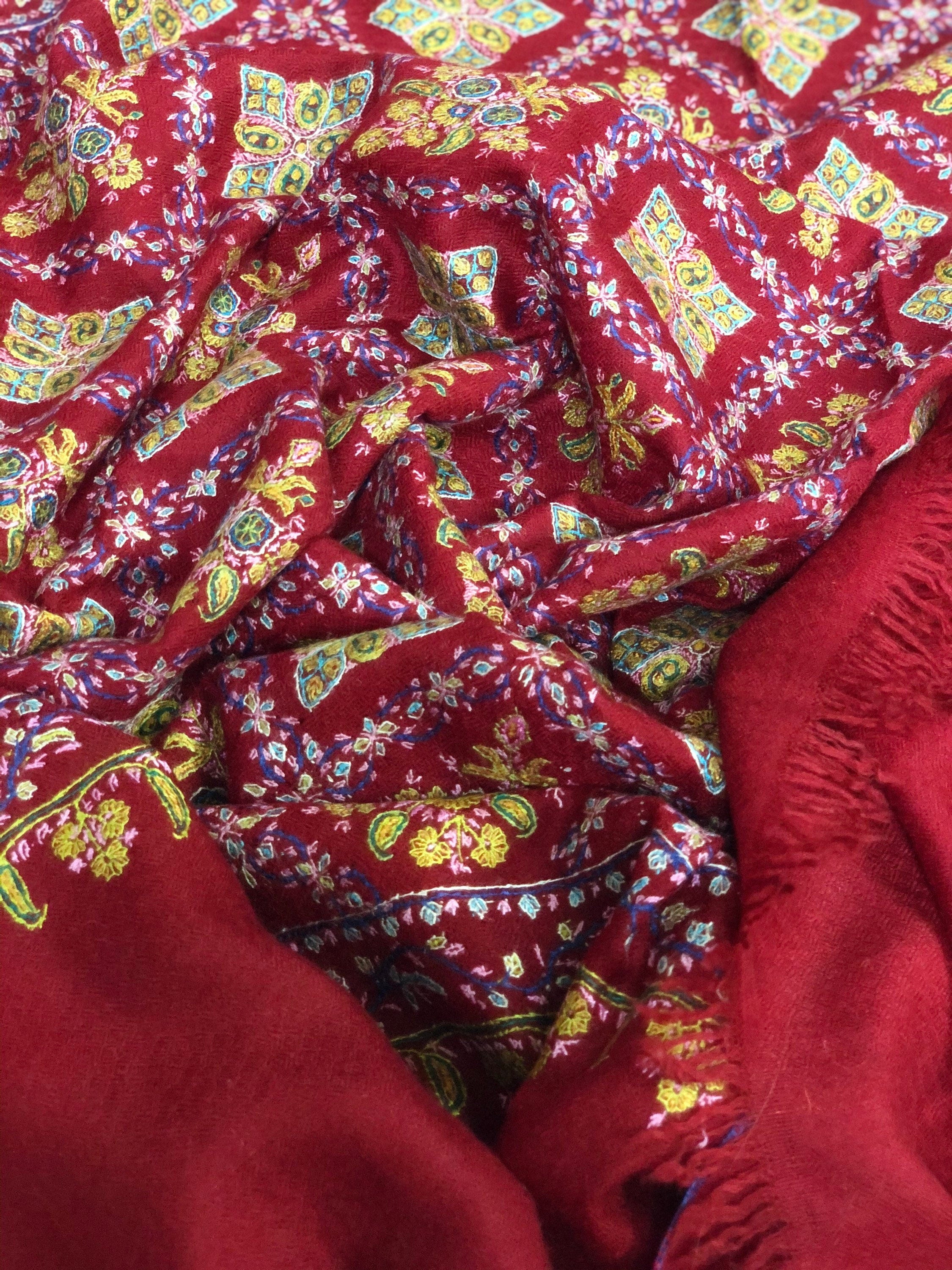 Hand Woven Ruby Hand Embroidered Sozni Jamawar Stole Shawl - Mehraj Crafts 