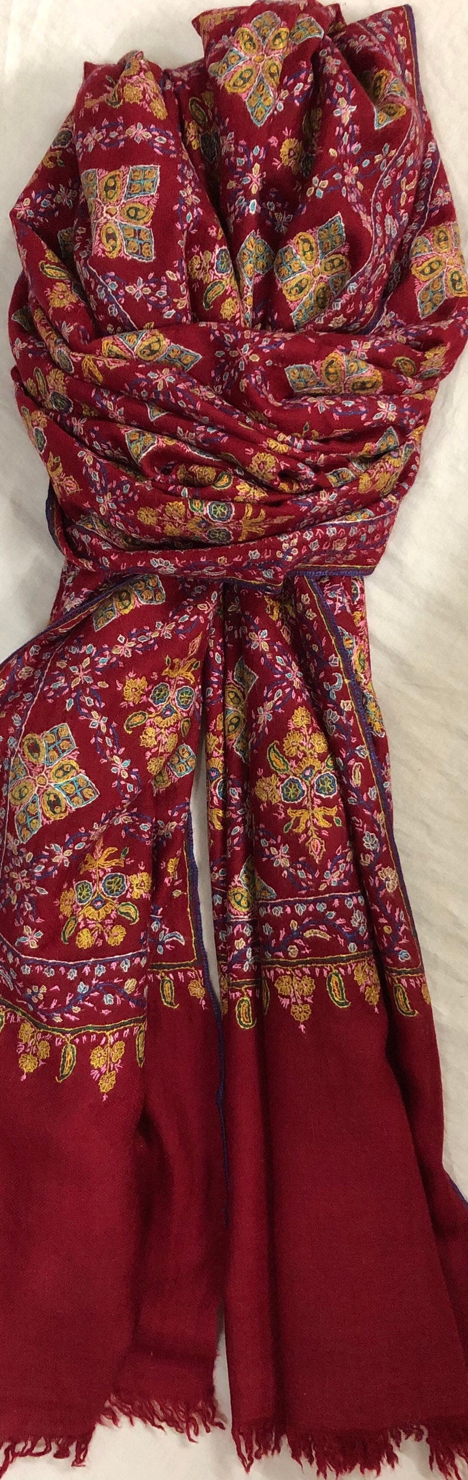 Hand Woven Ruby Hand Embroidered Sozni Jamawar Stole Shawl - Mehraj Crafts 