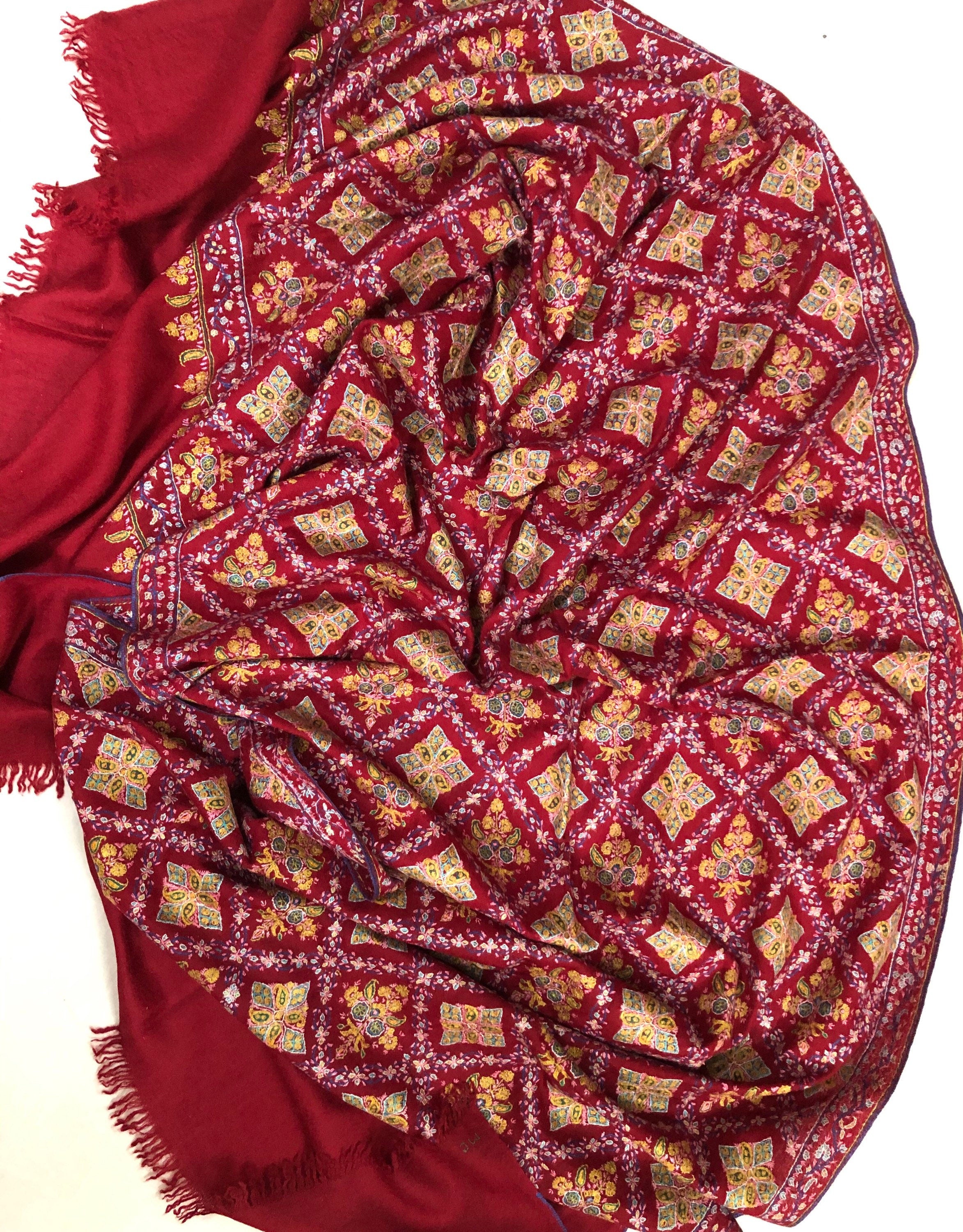 Hand Woven Ruby Hand Embroidered Sozni Jamawar Stole Shawl - Mehraj Crafts 