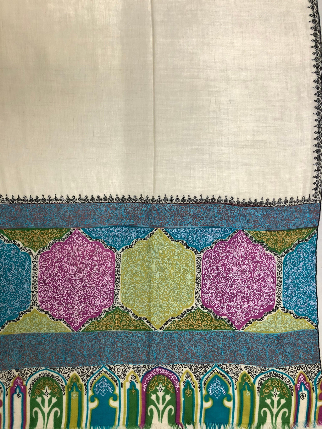teacher gift Aurora White Mehrab Palla Hand Woven Hand Embroidered Ladakhi Cashmere Pashmina Stole Shawl - Mehraj Crafts 