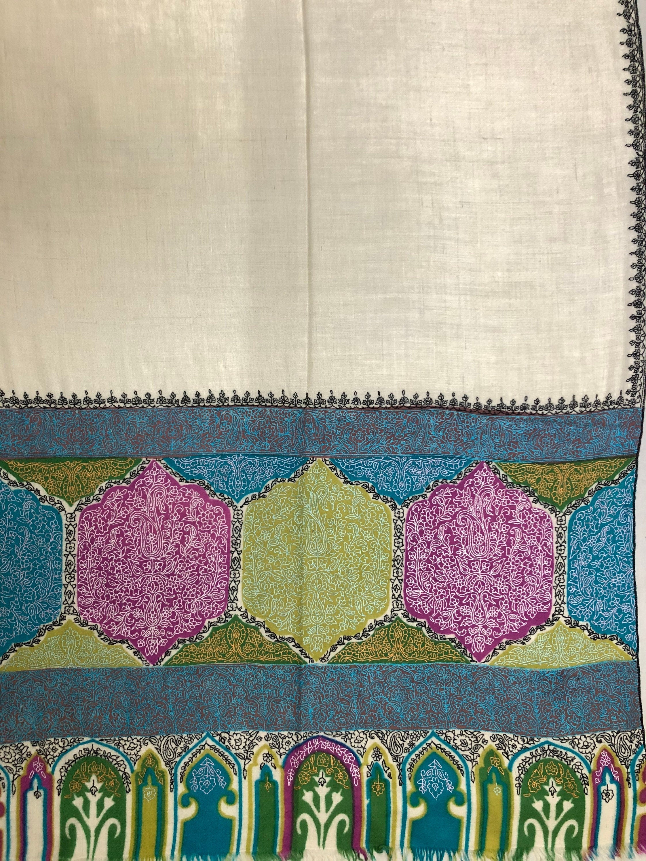 teacher gift Aurora White Mehrab Palla Hand Woven Hand Embroidered Ladakhi Cashmere Pashmina Stole Shawl - Mehraj Crafts 
