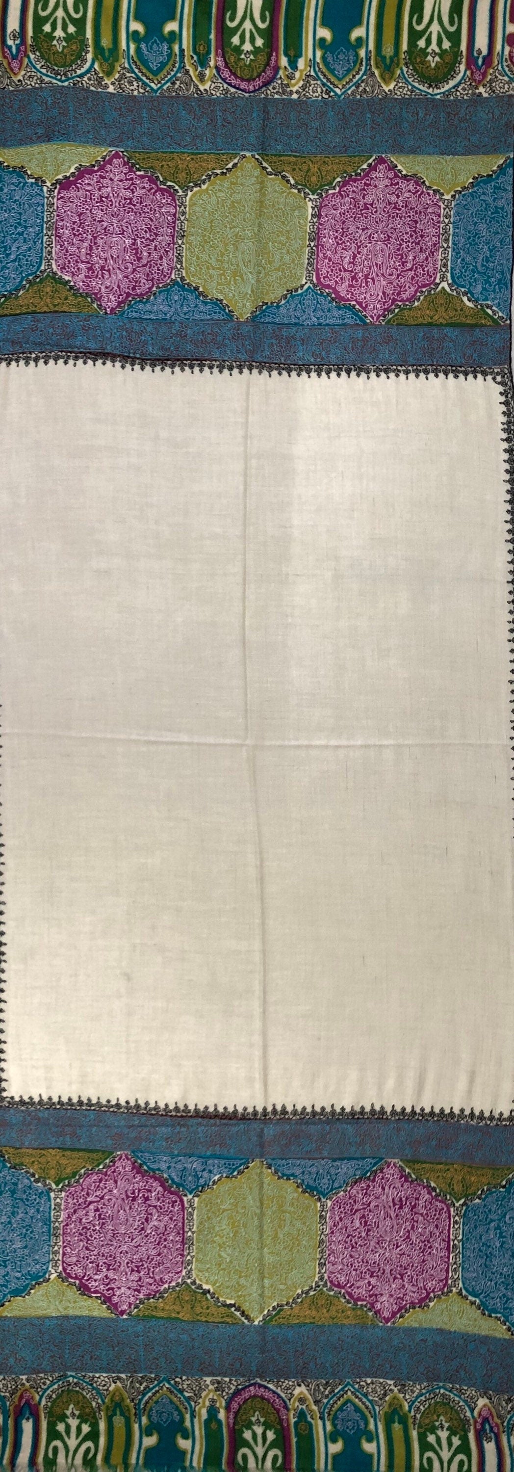 teacher gift Aurora White Mehrab Palla Hand Woven Hand Embroidered Ladakhi Cashmere Pashmina Stole Shawl - Mehraj Crafts 