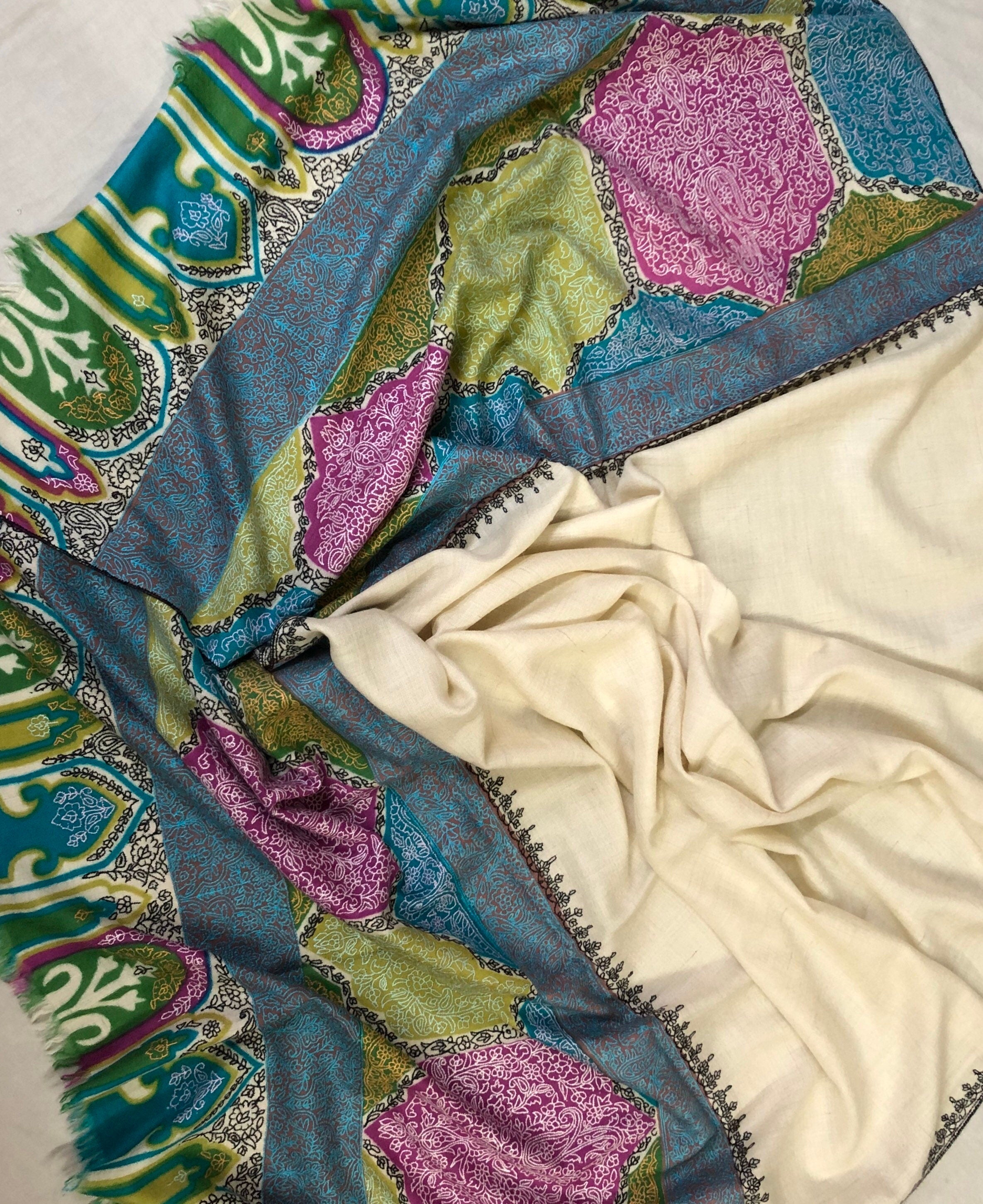 teacher gift Aurora White Mehrab Palla Hand Woven Hand Embroidered Ladakhi Cashmere Pashmina Stole Shawl - Mehraj Crafts 