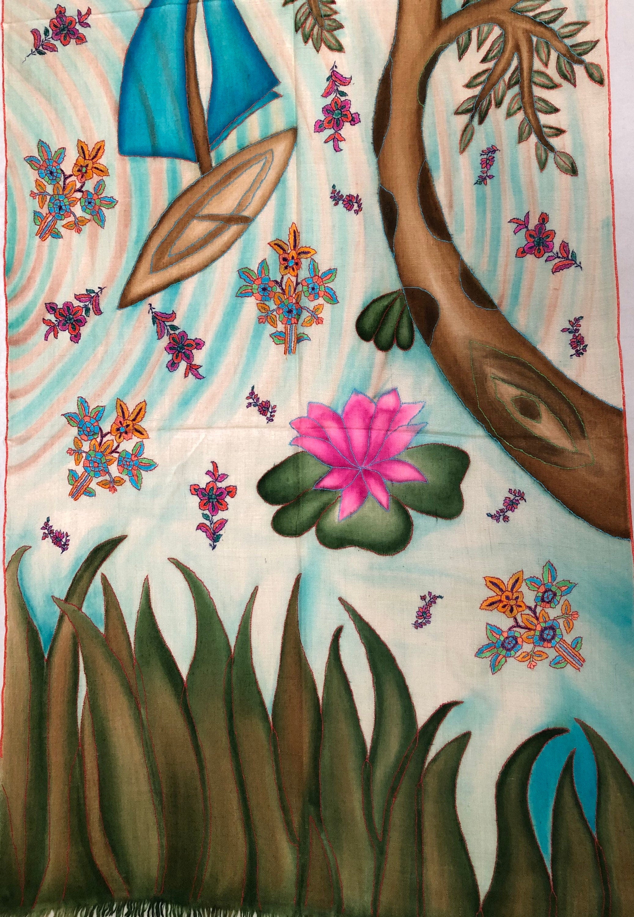 Handmade and Hand-Painted Ladakhi Cashmere Pashmina Embroidered Scarf - Mehraj Crafts 