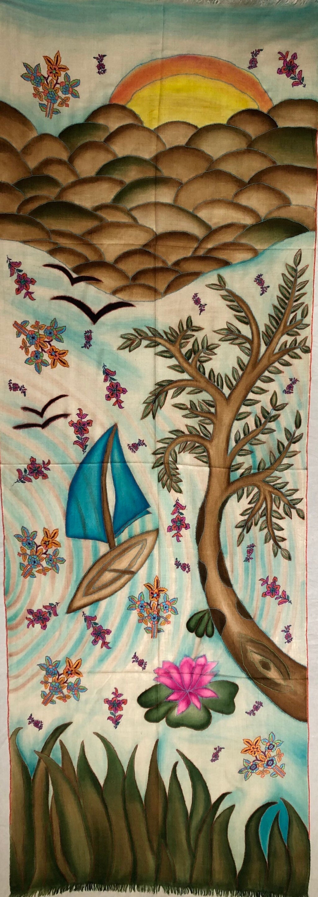 Handmade and Hand-Painted Ladakhi Cashmere Pashmina Embroidered Scarf - Mehraj Crafts 