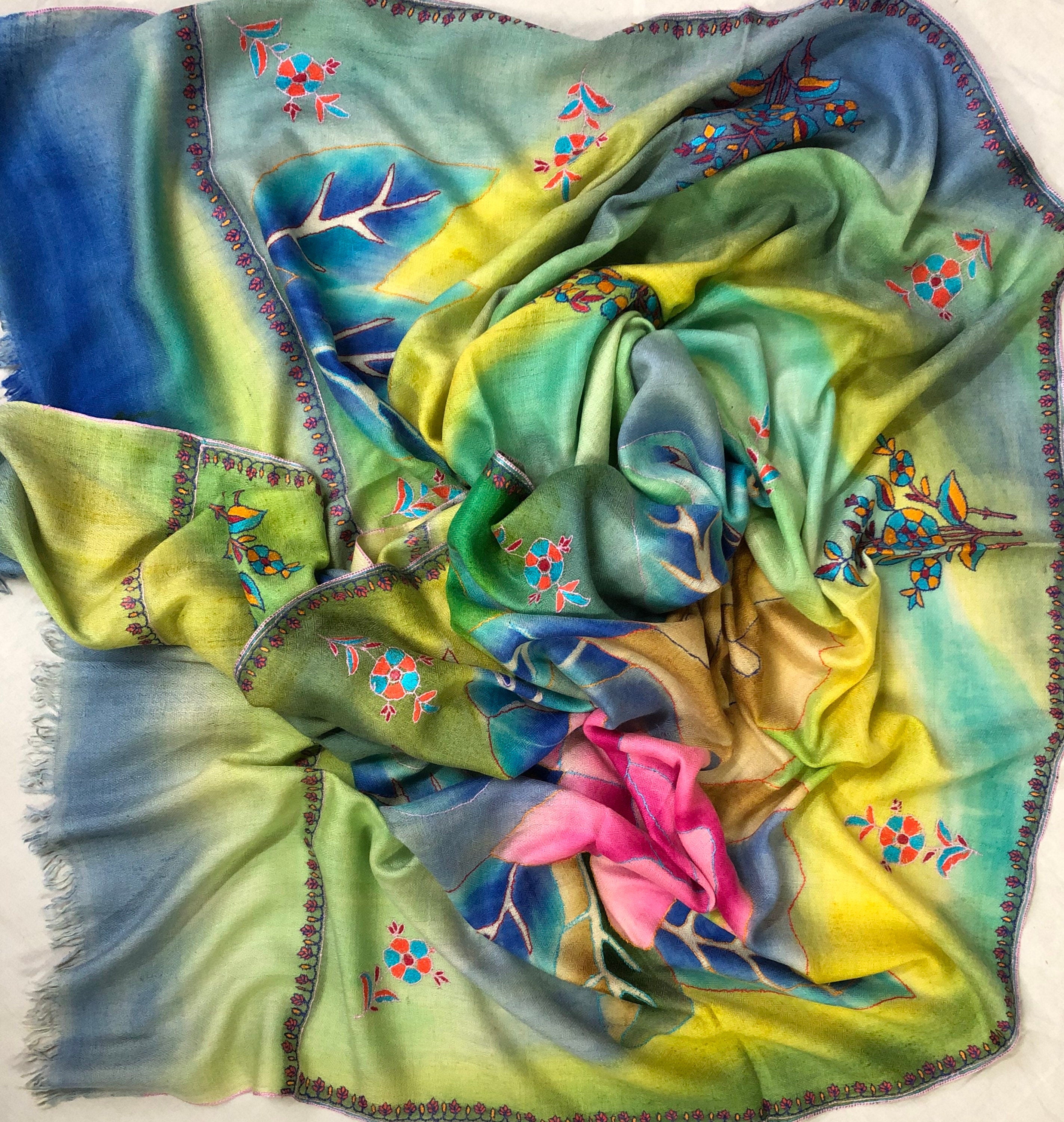 Floral Handmade & Hand Painted Ladakhi Cashmere Pashmina Rose Embroidered Stole Scarf Shawl - Mehraj Crafts 