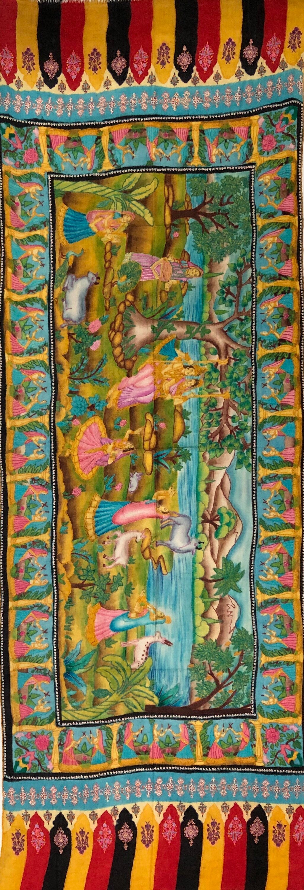 Handmade Hand Painted Ladakhi Cashmere Pashmina Izhaar Embroidered Stole Scarf Shawl - Mehraj Crafts 