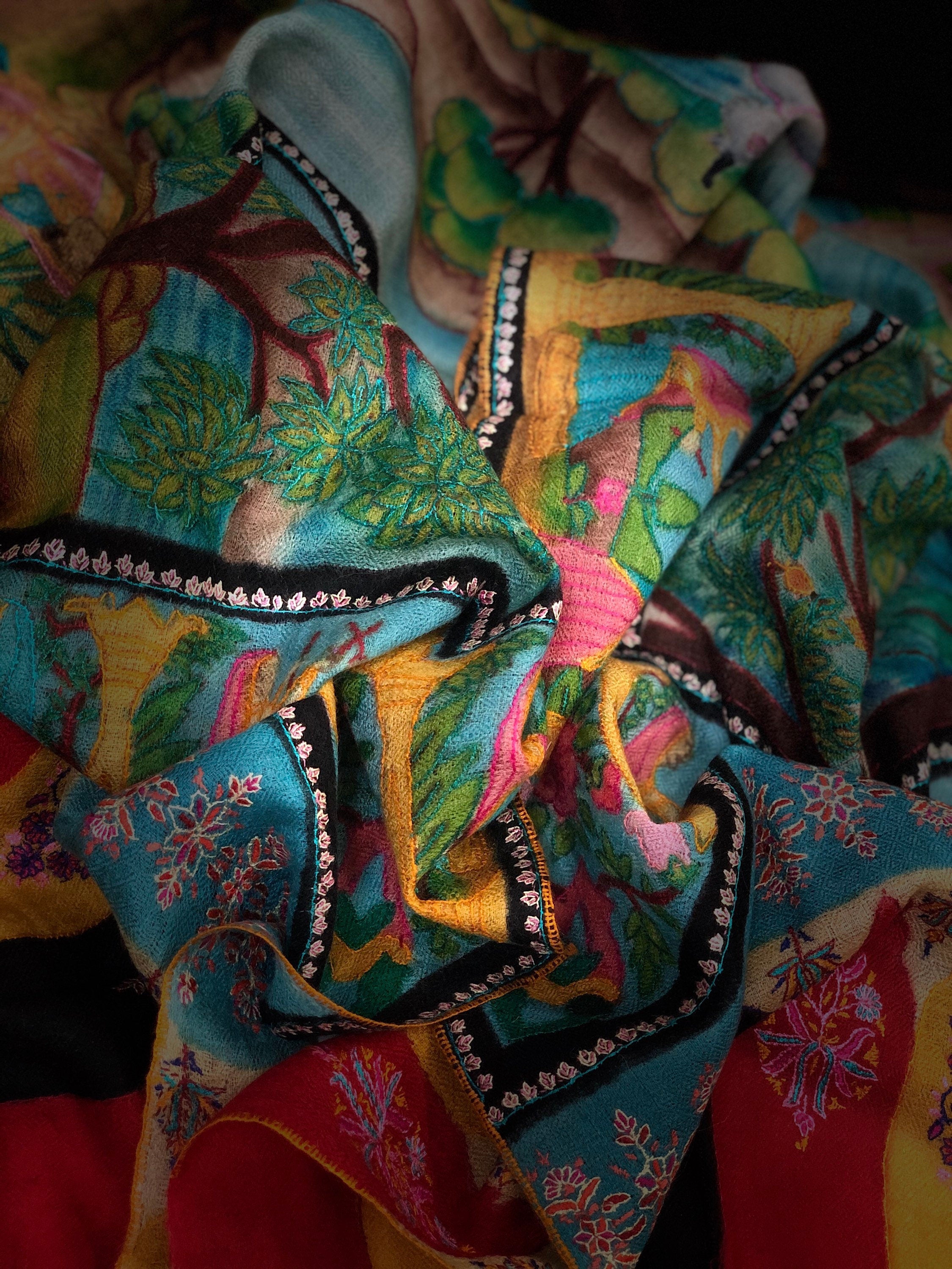 Handmade Hand Painted Ladakhi Cashmere Pashmina Izhaar Embroidered Stole Scarf Shawl - Mehraj Crafts 