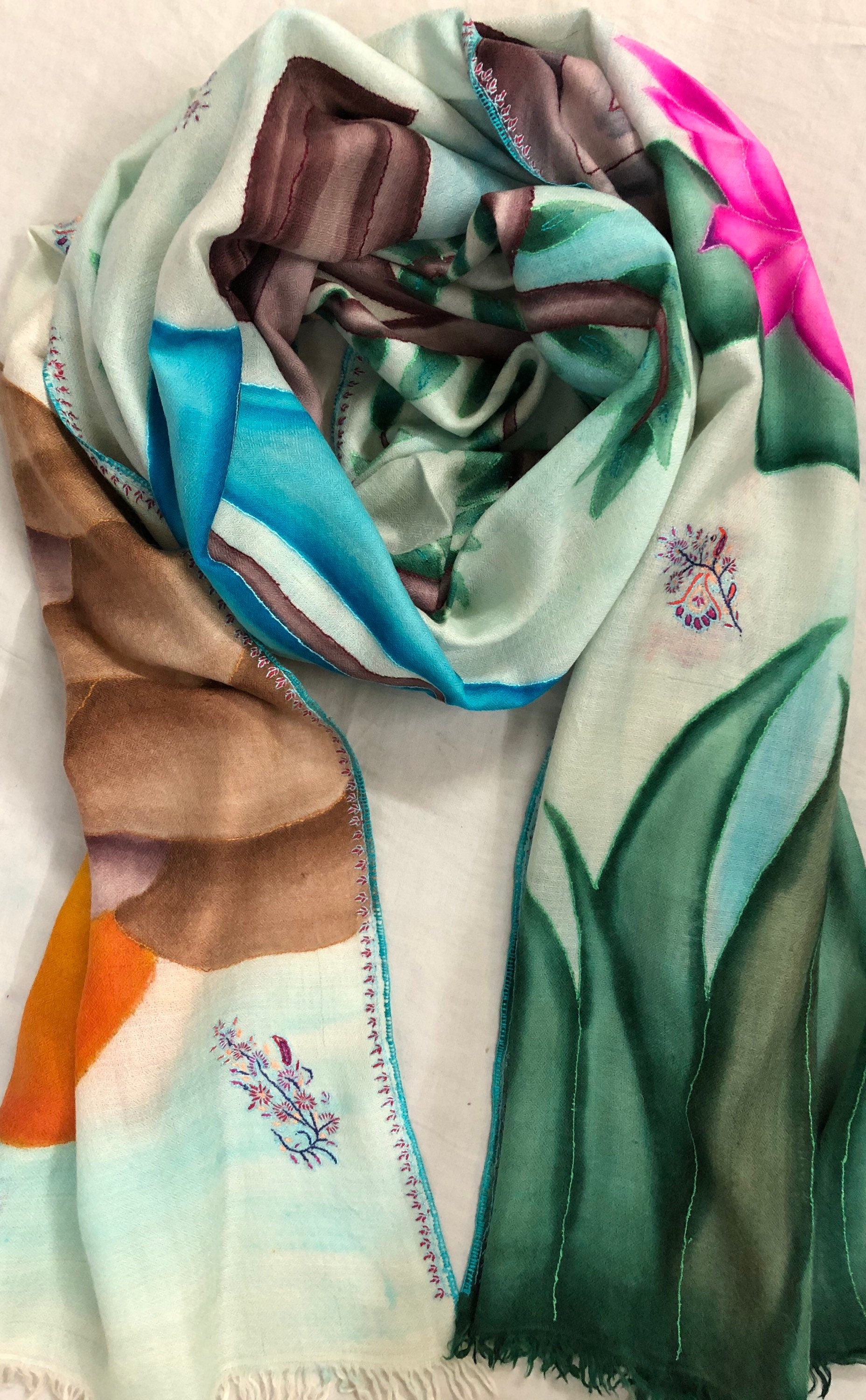 Handmade Hand Painted Ladakhi Cashmere Pashmina Nature Embroidered Stole Scarf Shawl - Mehraj Crafts 