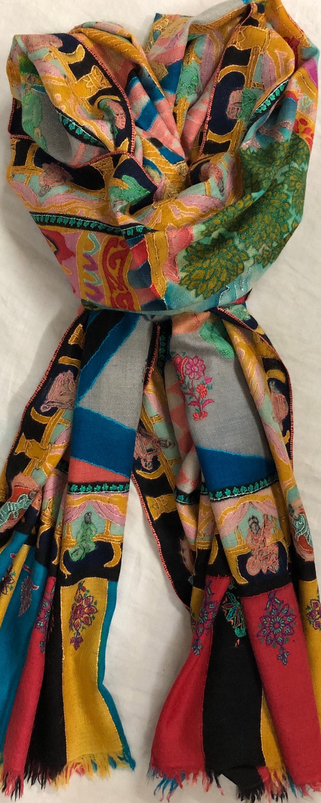 teacher gift Handmade Hand Painted Ladakhi Cashmere Pashmina Leela Embroidered Stoke Scarf Shawl - Mehraj Crafts 