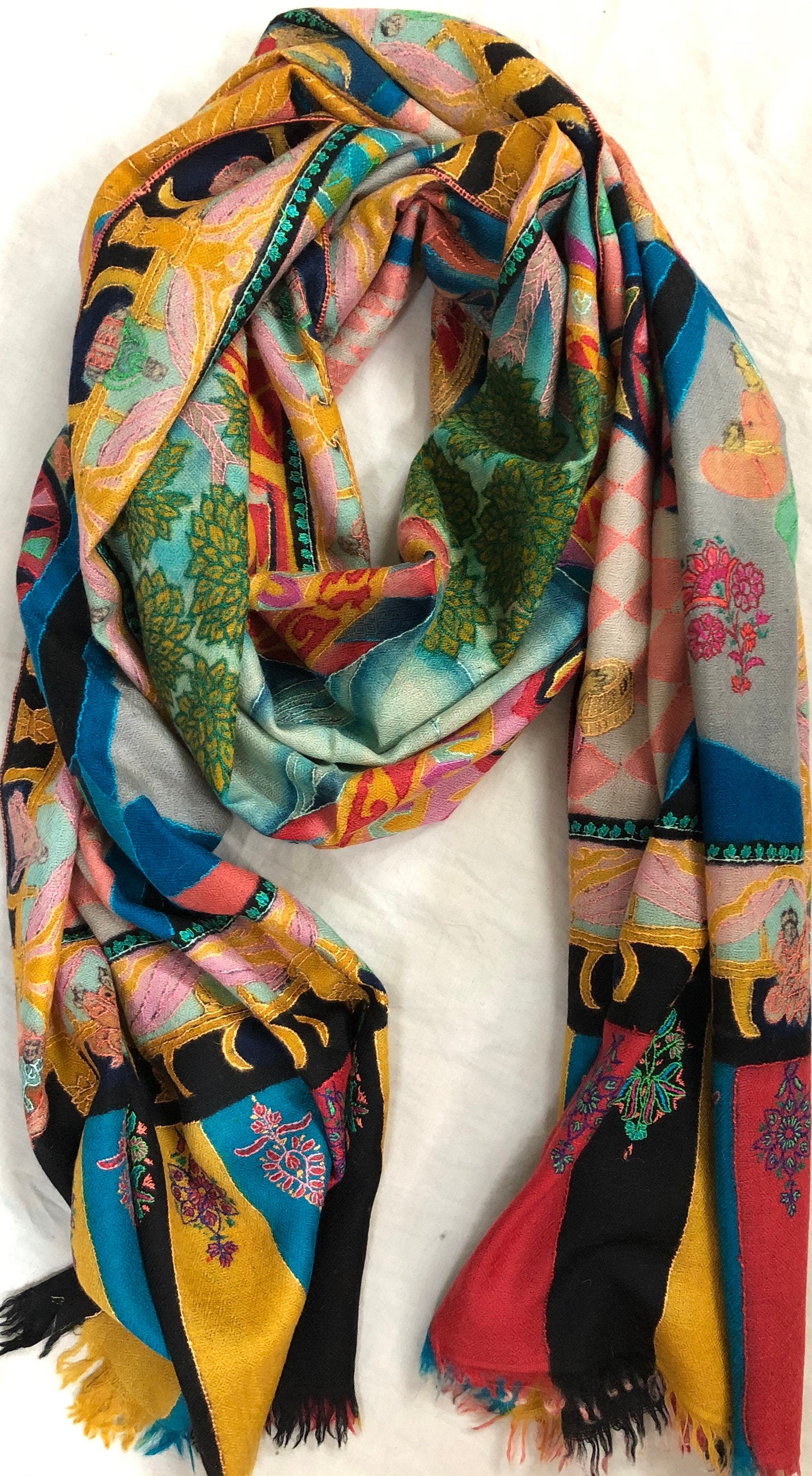 teacher gift Handmade Hand Painted Ladakhi Cashmere Pashmina Leela Embroidered Stoke Scarf Shawl - Mehraj Crafts 