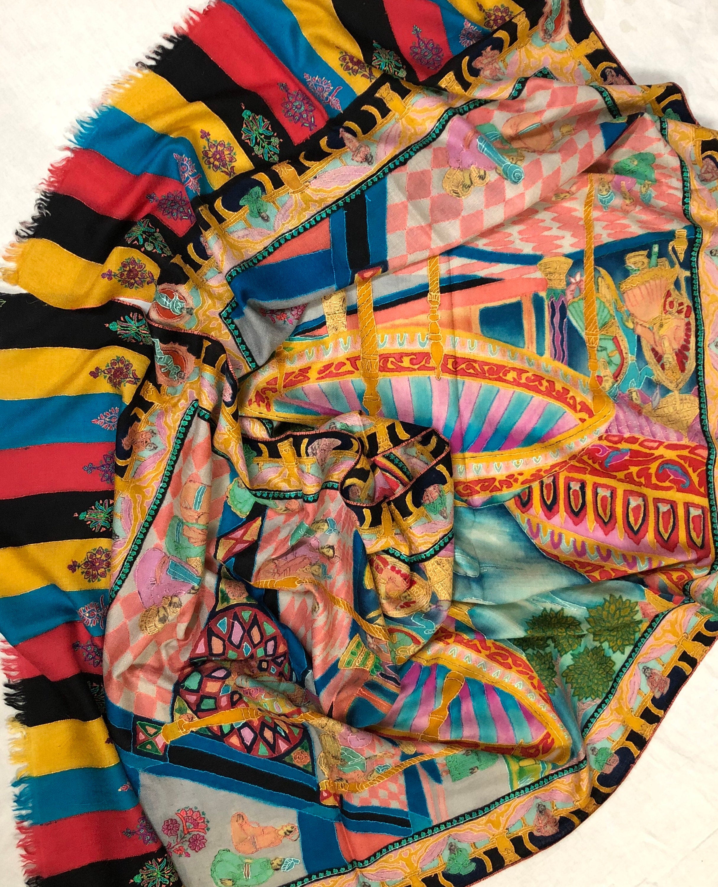 teacher gift Handmade Hand Painted Ladakhi Cashmere Pashmina Leela Embroidered Stoke Scarf Shawl - Mehraj Crafts 