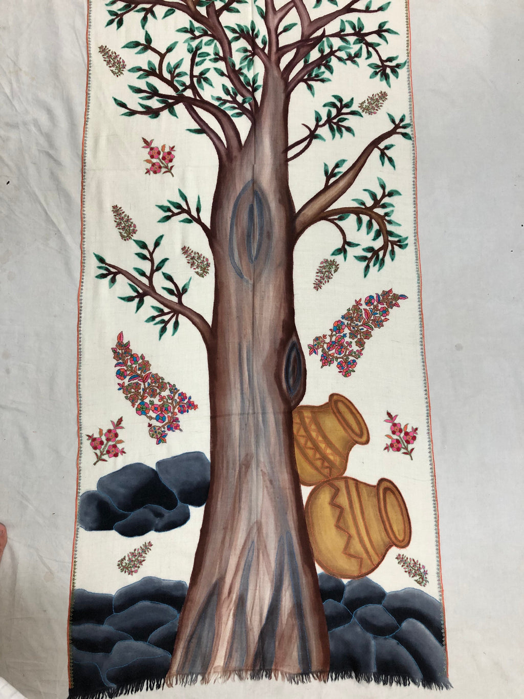 Floral Handmade Hand Painted Ladakhi Cashmere Pashmina Tree of Life Embroidered Stole Scarf Shawl - Mehraj Crafts 
