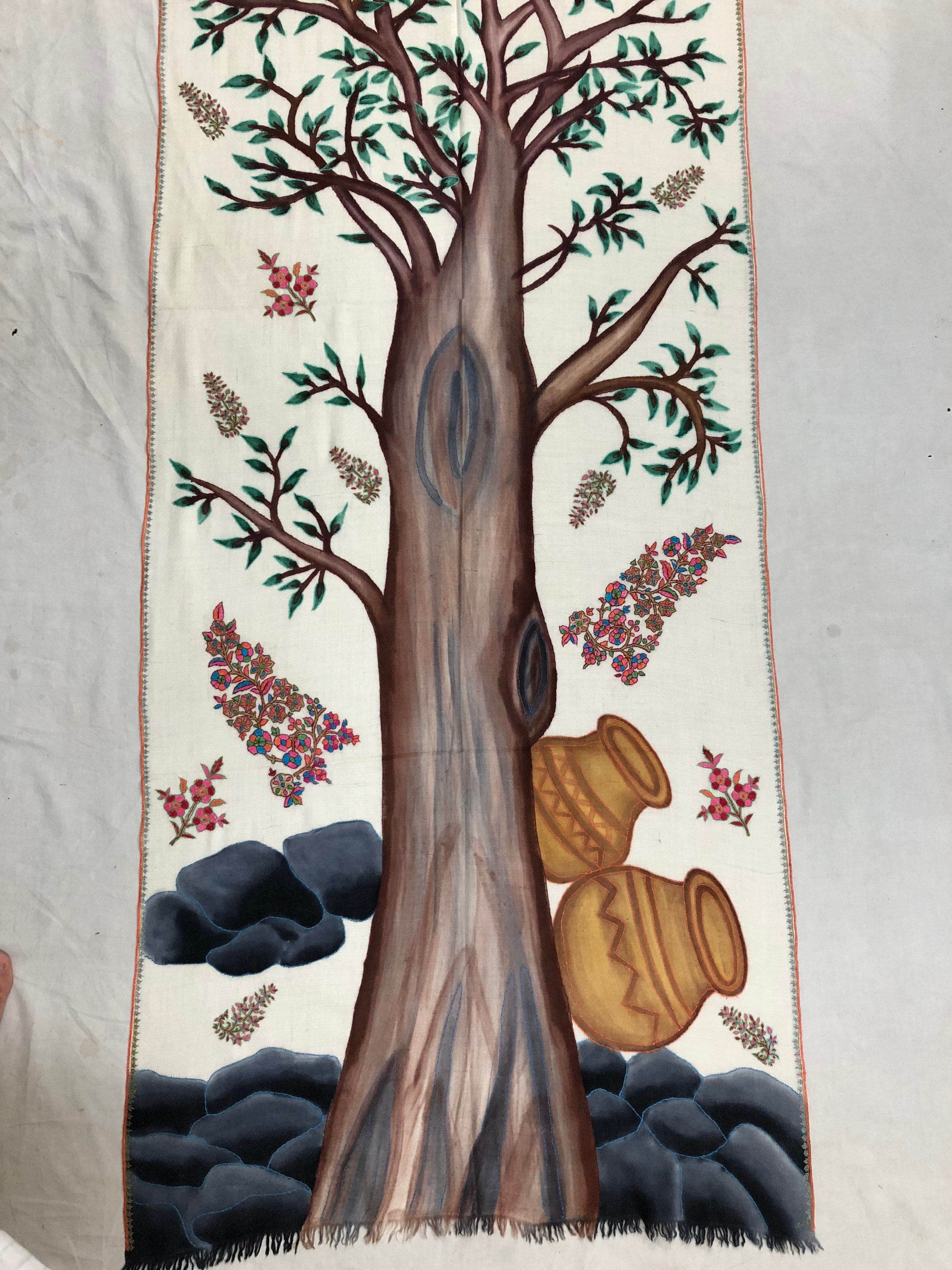 Floral Handmade Hand Painted Ladakhi Cashmere Pashmina Tree of Life Embroidered Stole Scarf Shawl - Mehraj Crafts 