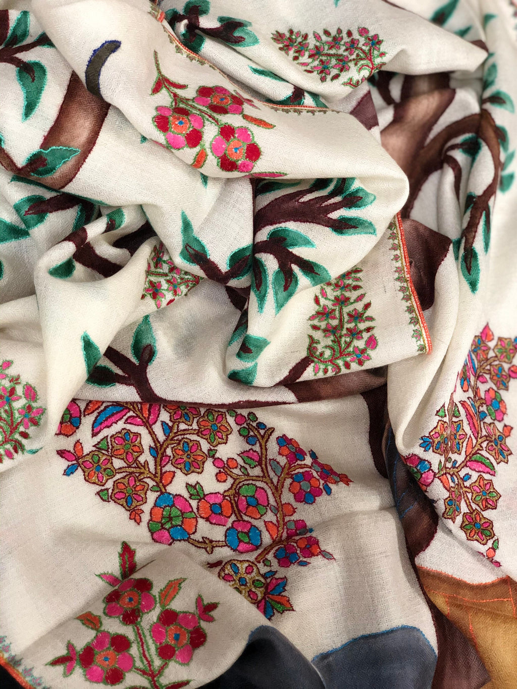 Floral Handmade Hand Painted Ladakhi Cashmere Pashmina Tree of Life Embroidered Stole Scarf Shawl - Mehraj Crafts 