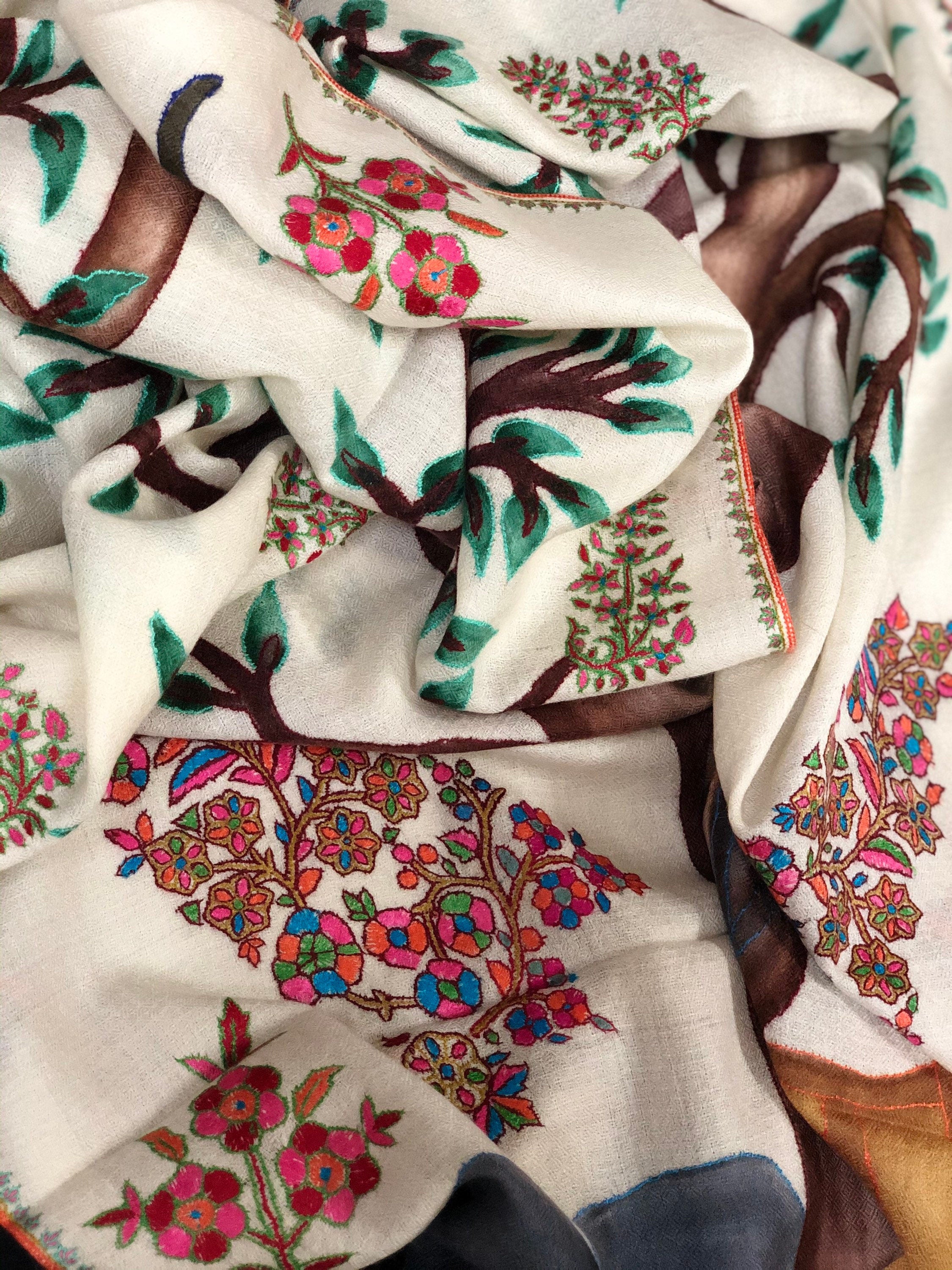 Floral Handmade Hand Painted Ladakhi Cashmere Pashmina Tree of Life Embroidered Stole Scarf Shawl - Mehraj Crafts 