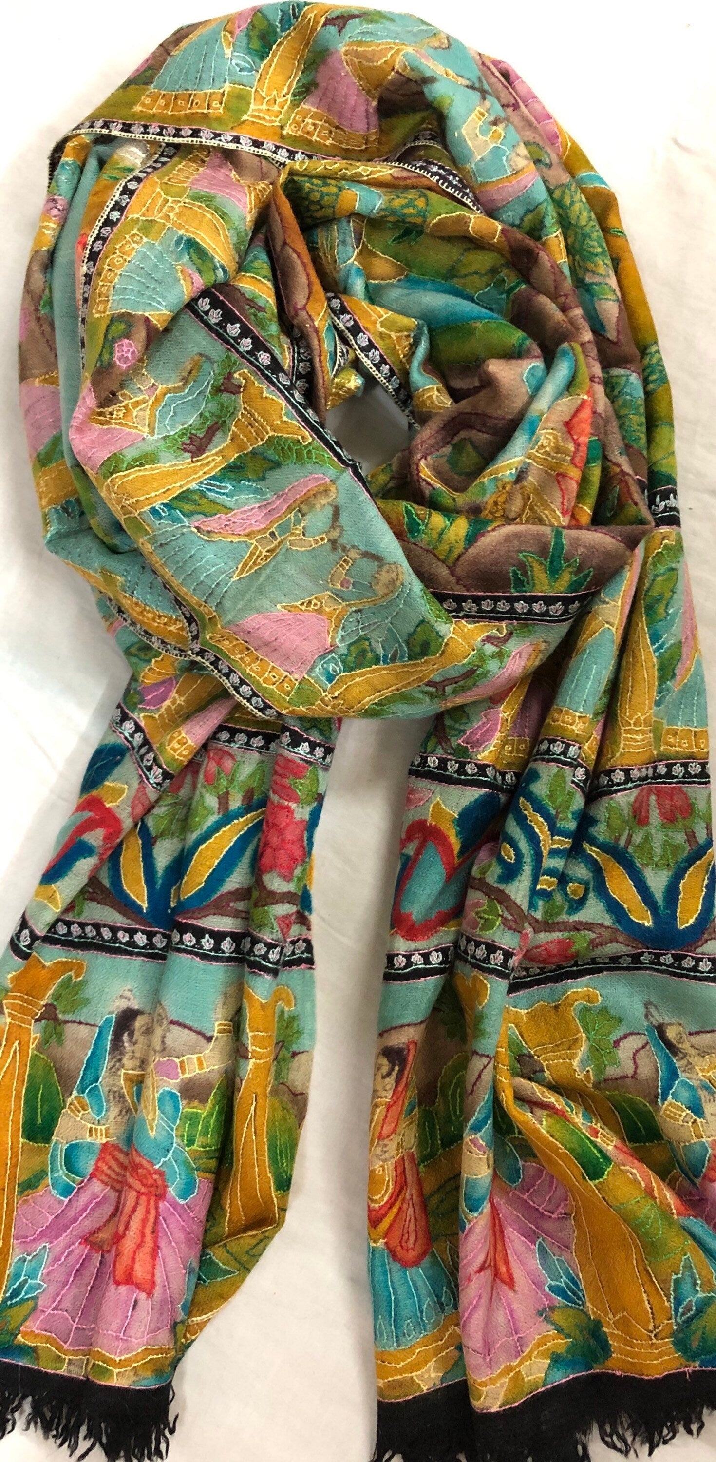 Handmade HandPainted Ladakhi Cashmere Pashmina Izhaar Embroidered Stole Scarf Shawl - Mehraj Crafts 