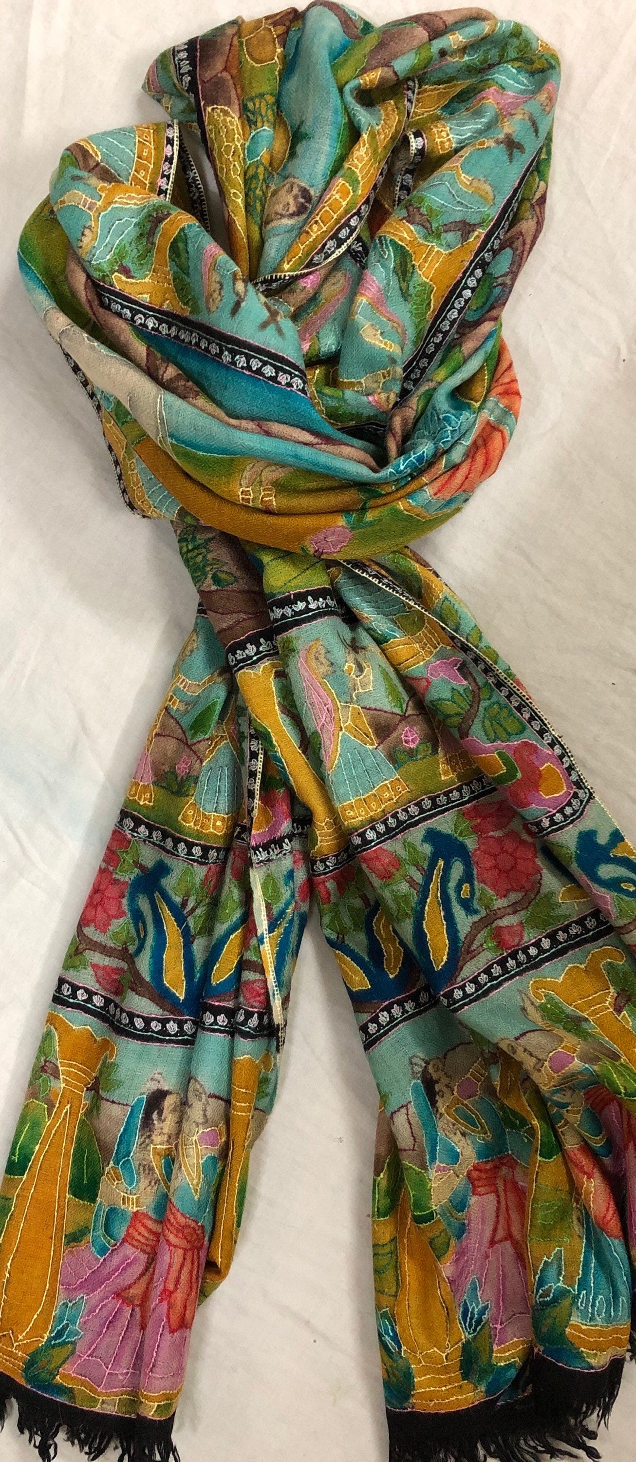 Handmade HandPainted Ladakhi Cashmere Pashmina Izhaar Embroidered Stole Scarf Shawl - Mehraj Crafts 